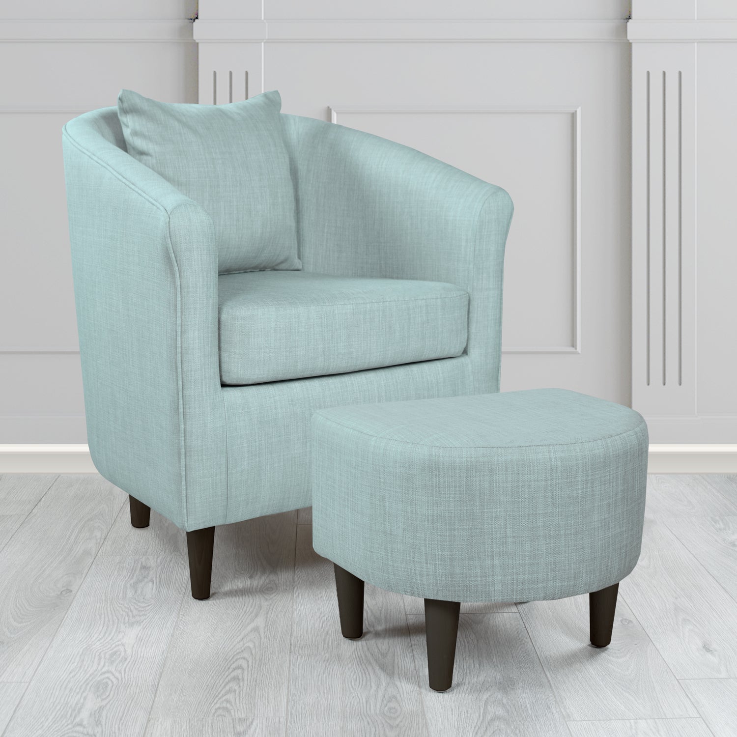 St Tropez Charles Sky Plain Linen Fabric Tub Chair & Footstool Set with Scatter Cushion - The Tub Chair Shop