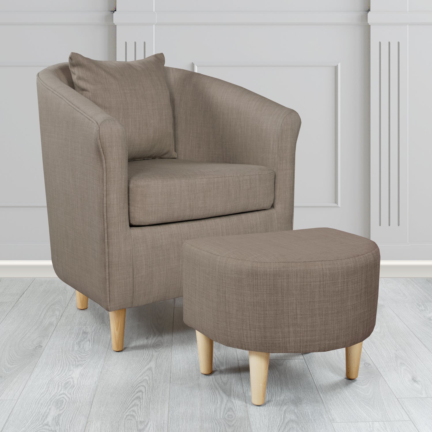 St Tropez Charles Slate Plain Linen Fabric Tub Chair & Footstool Set with Scatter Cushion - The Tub Chair Shop