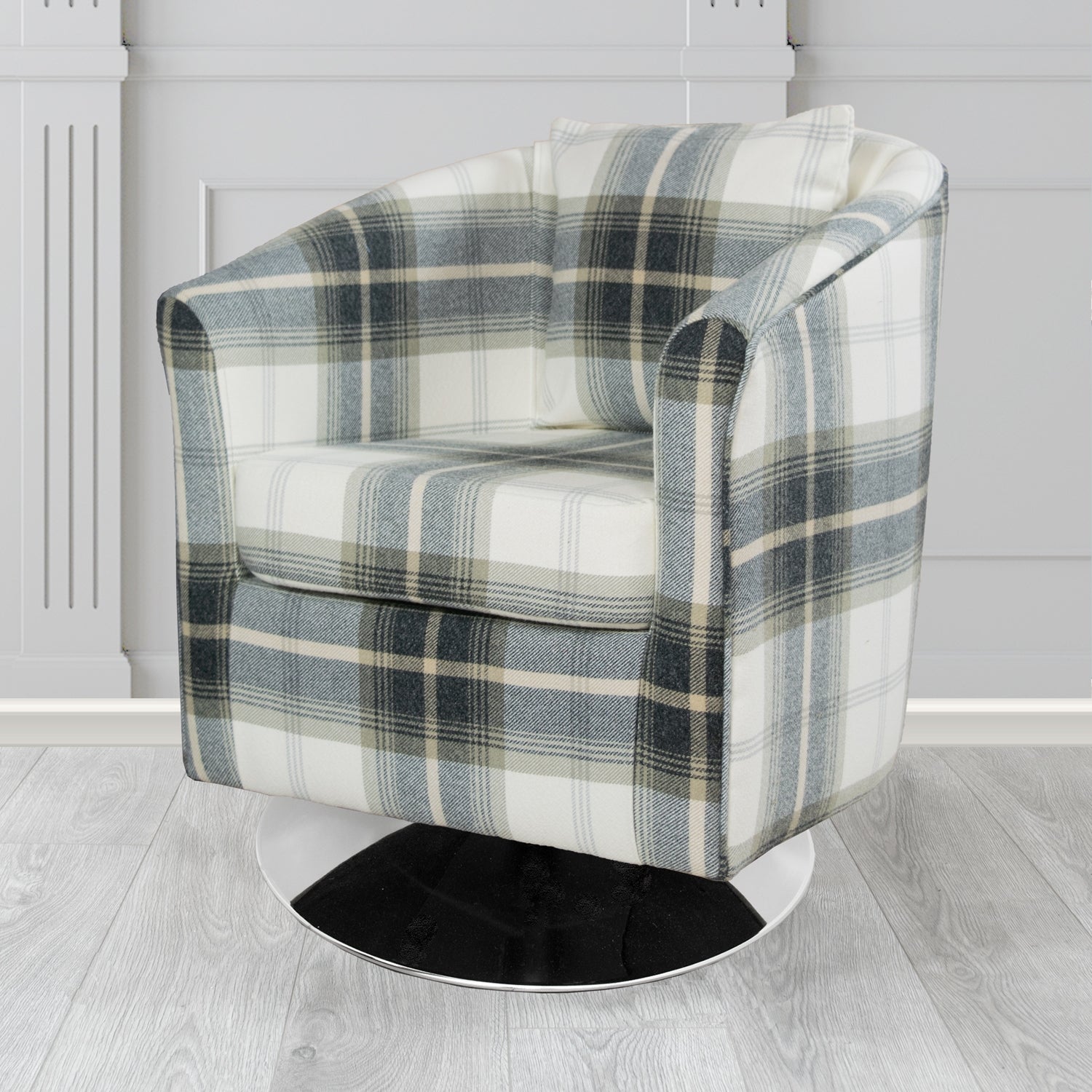 St Tropez Balmoral Charcoal Tartan Fabric Swivel Tub Chair with Scatter Cushion - The Tub Chair Shop