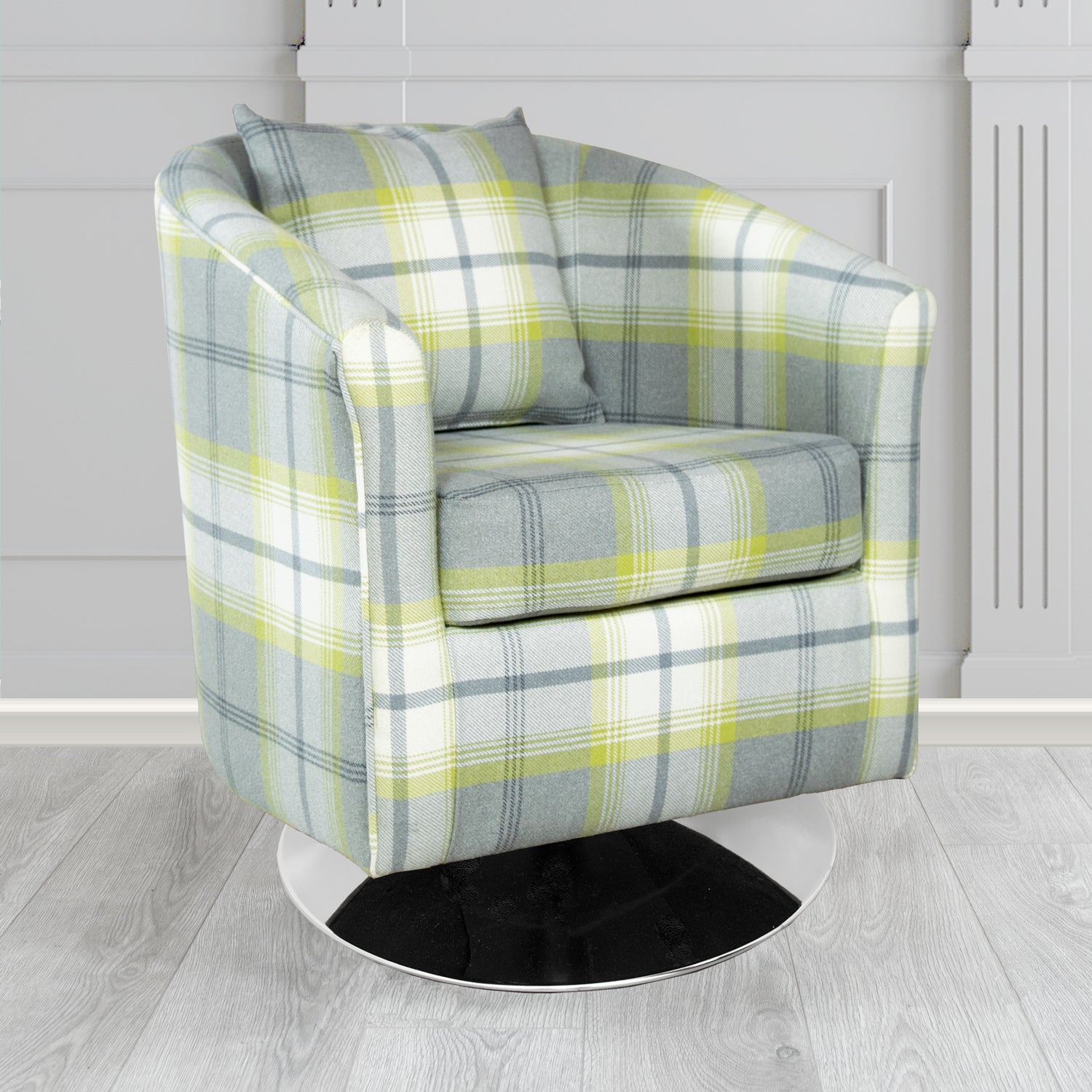 St Tropez Balmoral Citrus Check Tartan Fabric Swivel Tub Chair with Scatter Cushion (6627068084266)