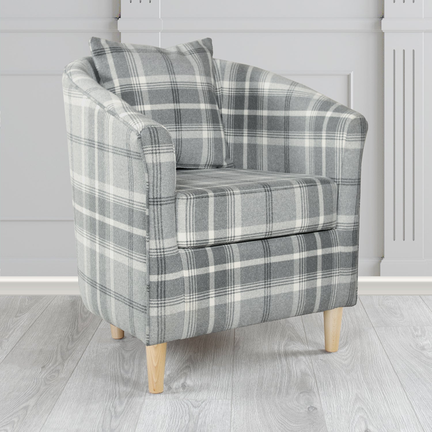 St Tropez Balmoral Dove Grey Check Tartan Fabric Tub Chair with Scatter Cushion (6627061039146)