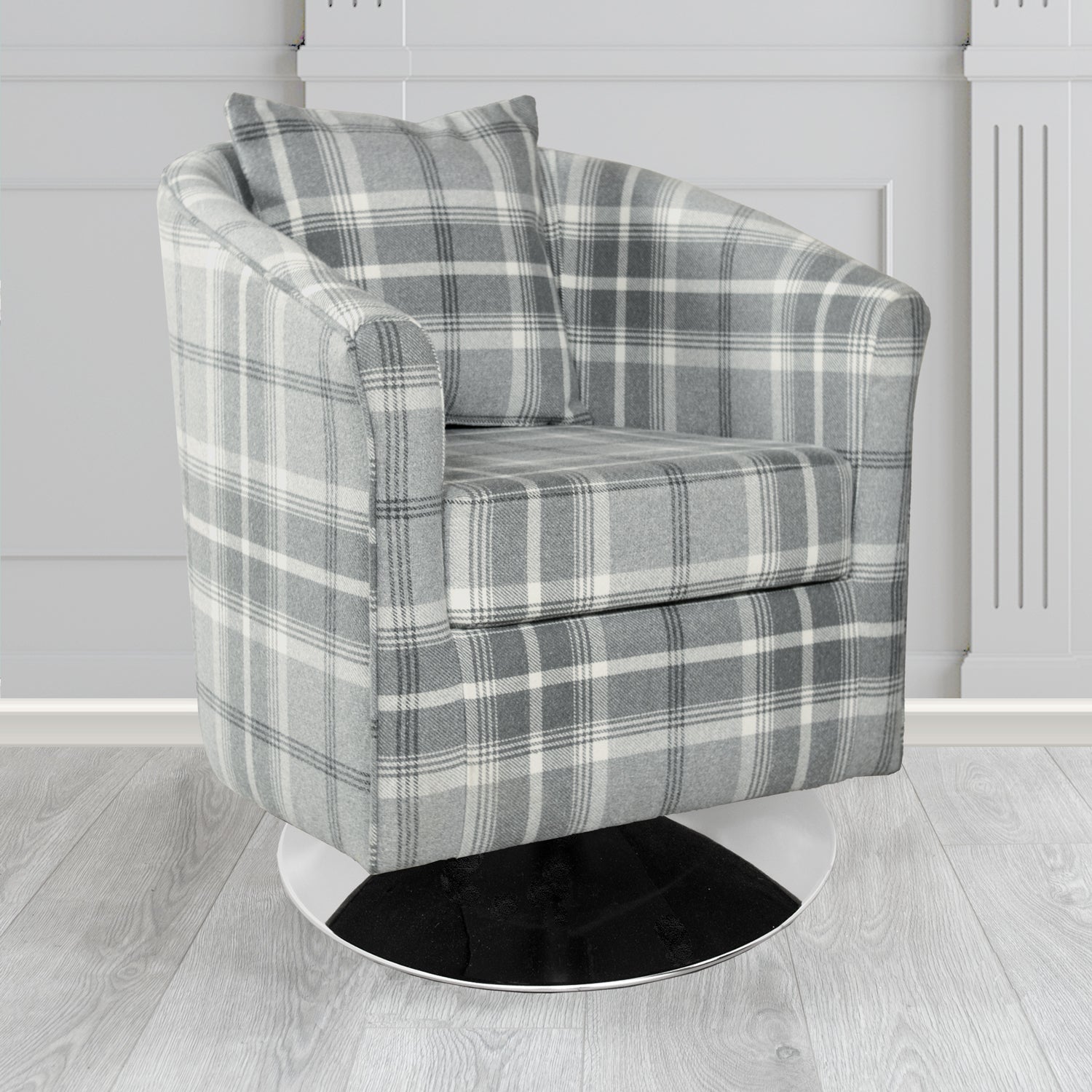 St Tropez Balmoral Dove Grey Check Tartan Fabric Swivel Tub Chair with Scatter Cushion (6627071164458)