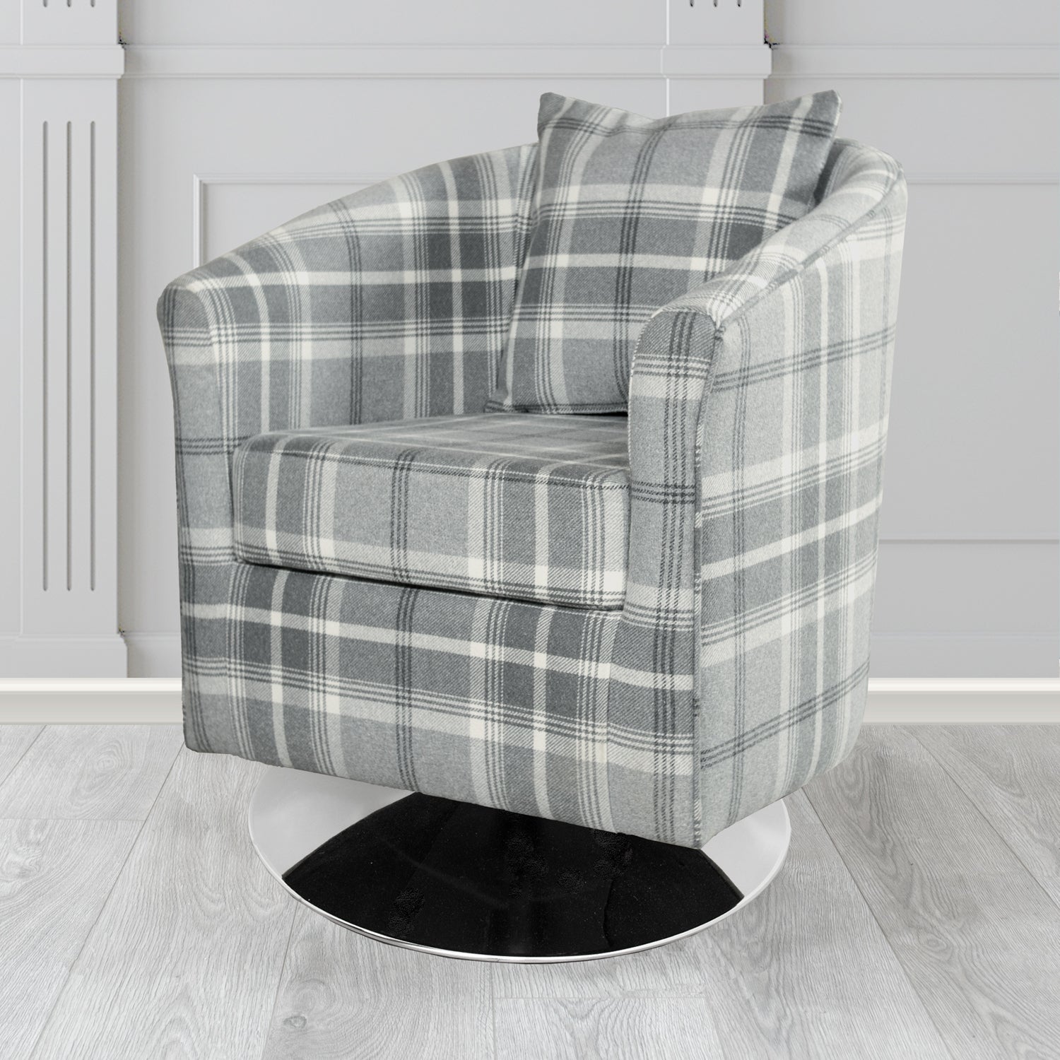 St Tropez Balmoral Dove Grey Check Tartan Fabric Swivel Tub Chair with Scatter Cushion (6627071164458)
