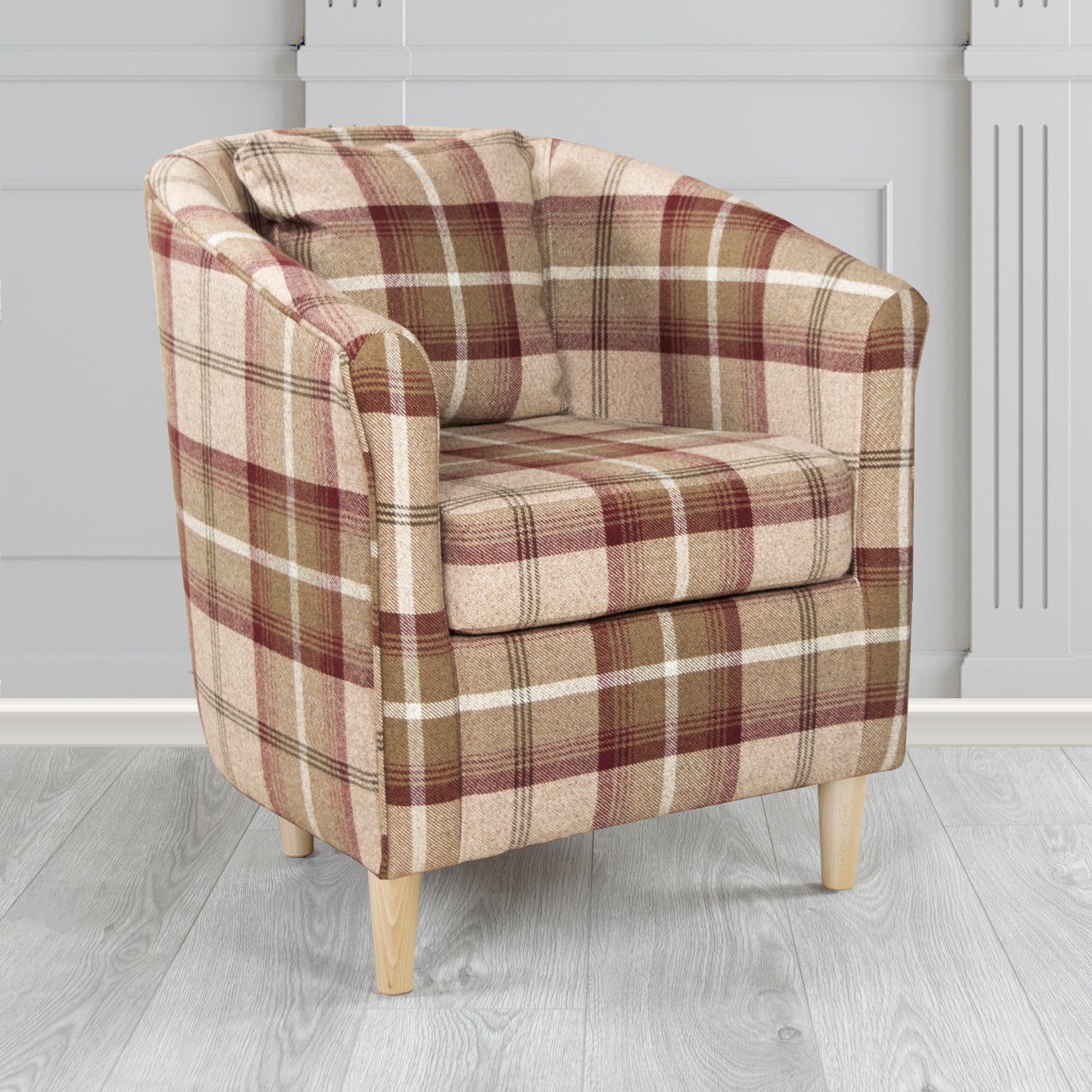 St Tropez Balmoral Mulberry Tartan Fabric Tub Chair with Scatter Cushion - The Tub Chair Shop