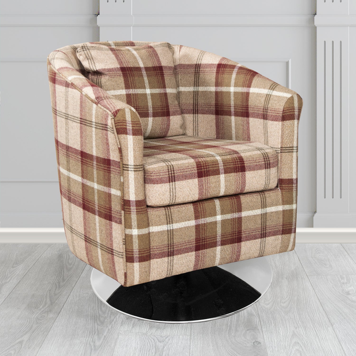 St Tropez Balmoral Mulberry Tartan Fabric Swivel Tub Chair with Scatter Cushion - The Tub Chair Shop