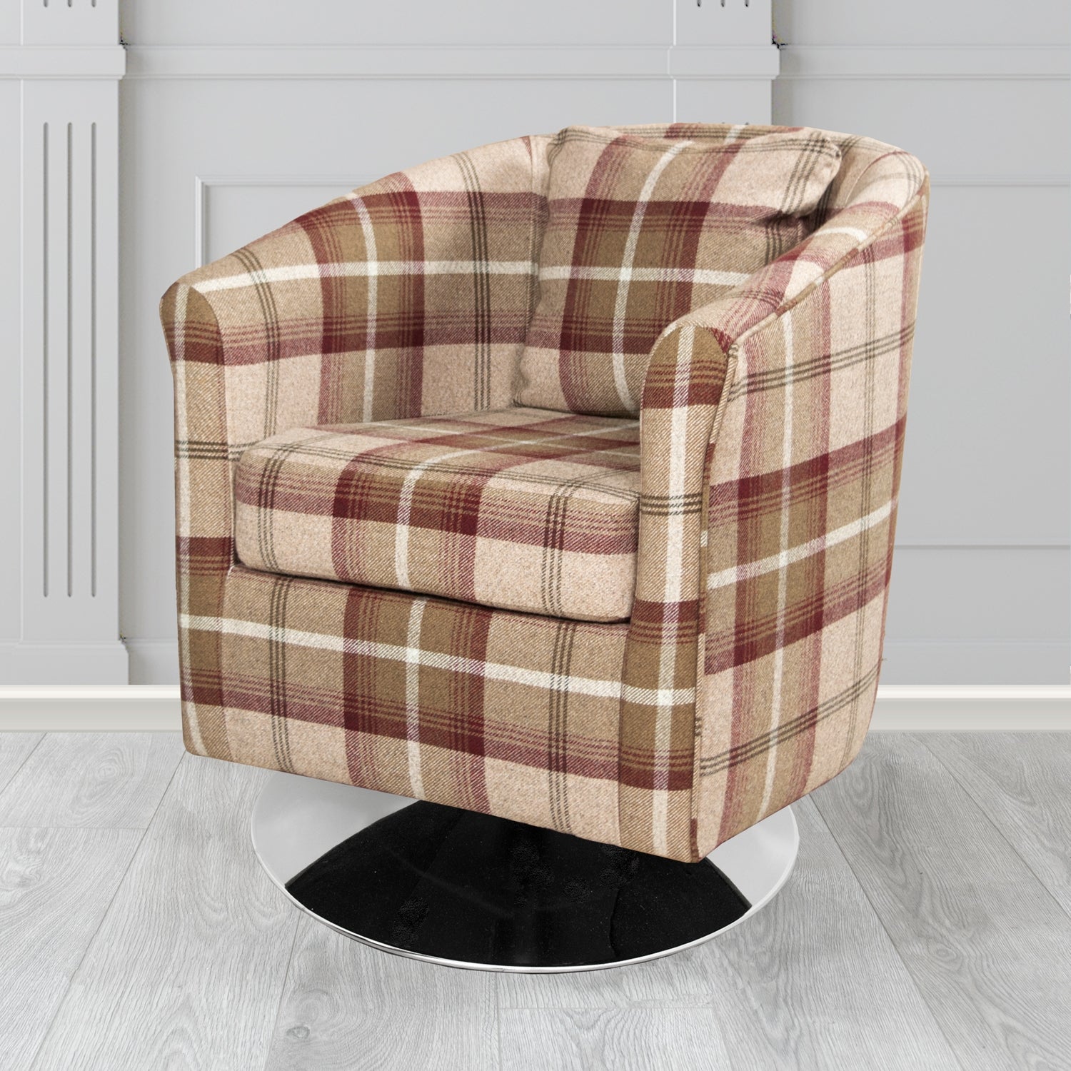 St Tropez Balmoral Mulberry Tartan Fabric Swivel Tub Chair with Scatter Cushion - The Tub Chair Shop