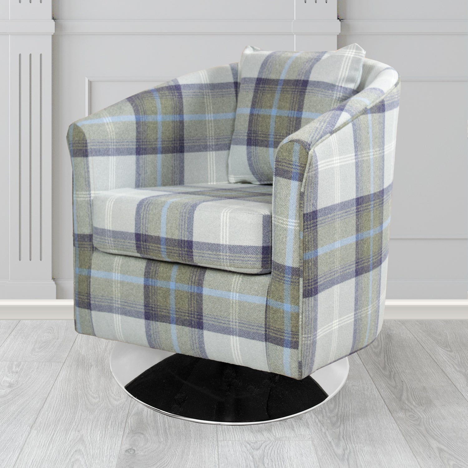 St Tropez Balmoral Oxford Blue Tartan Fabric Swivel Tub Chair with Scatter Cushion - The Tub Chair Shop