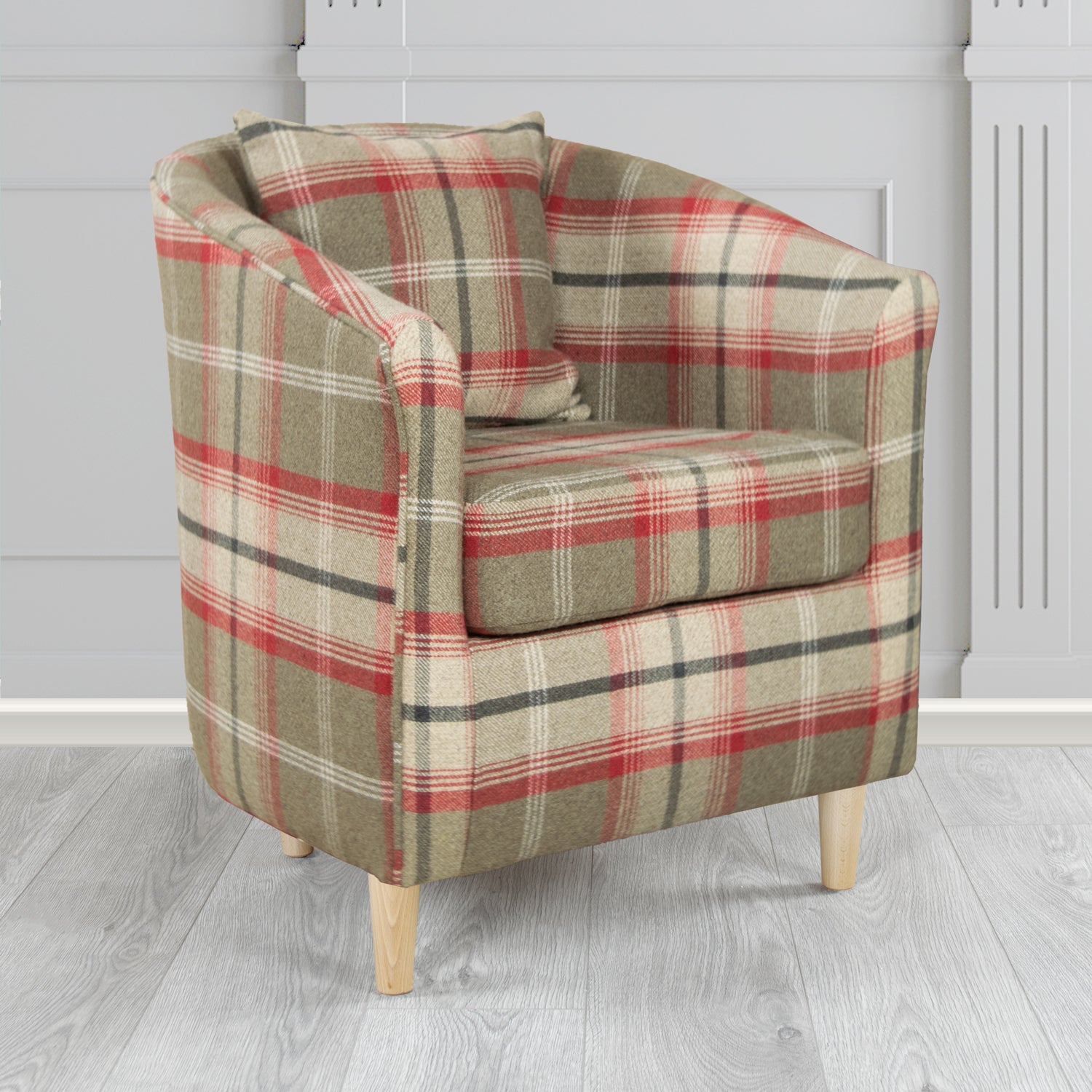 St Tropez Balmoral Rosso Tartan Fabric Tub Chair with Scatter Cushion - The Tub Chair Shop