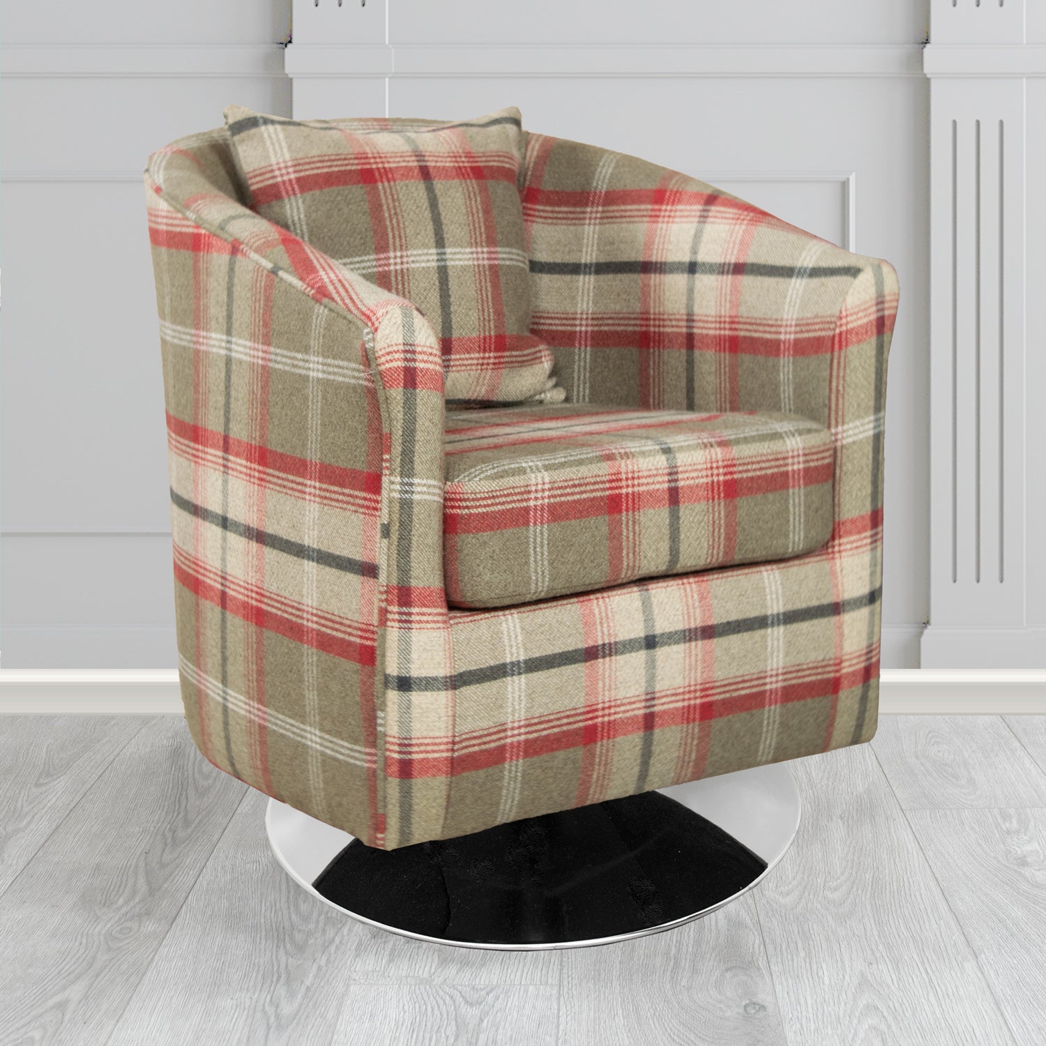 St Tropez Balmoral Rosso Tartan Fabric Swivel Tub Chair with Scatter Cushion - The Tub Chair Shop