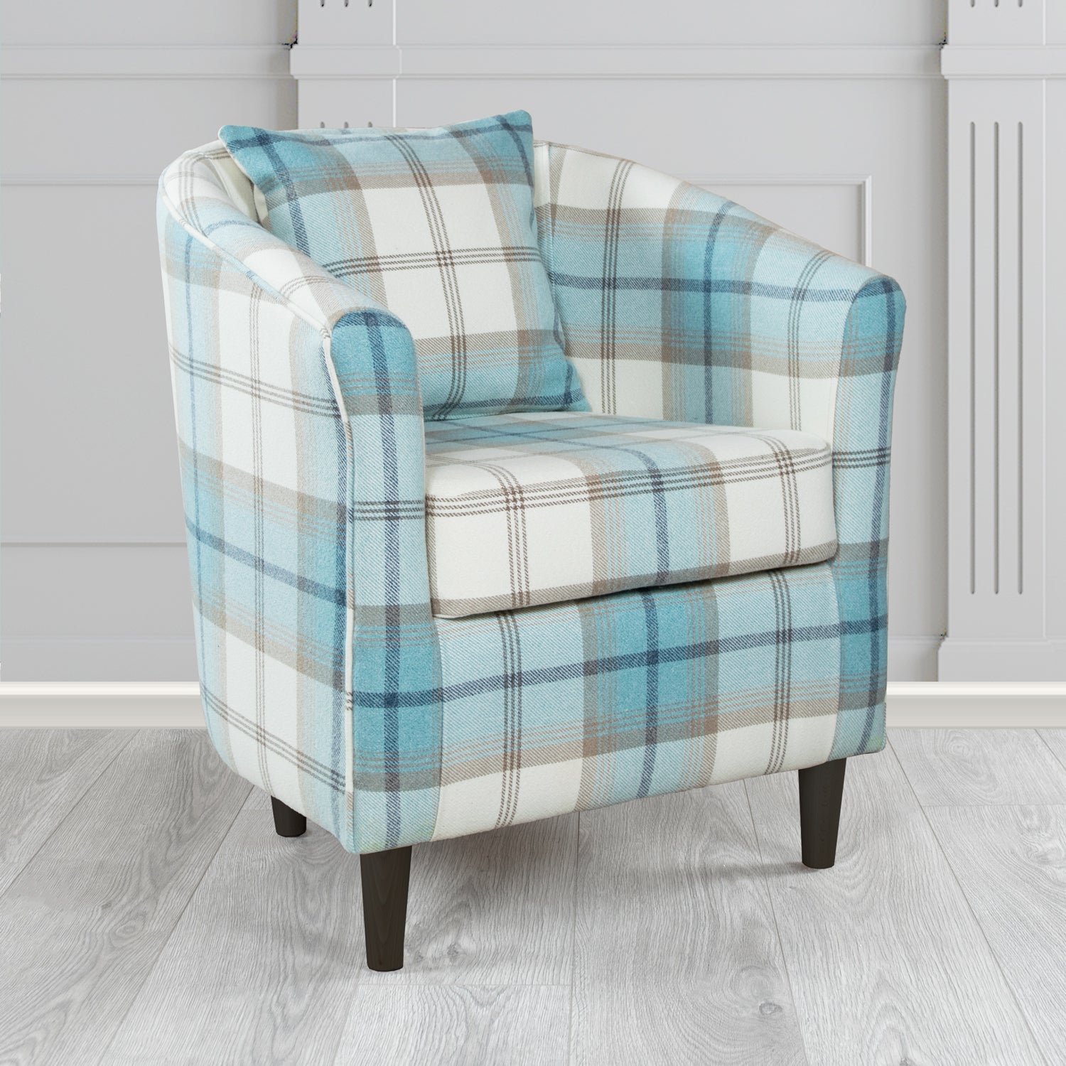 St Tropez Balmoral Sky Check Tartan Fabric Tub Chair with Scatter Cushion (6627063136298)