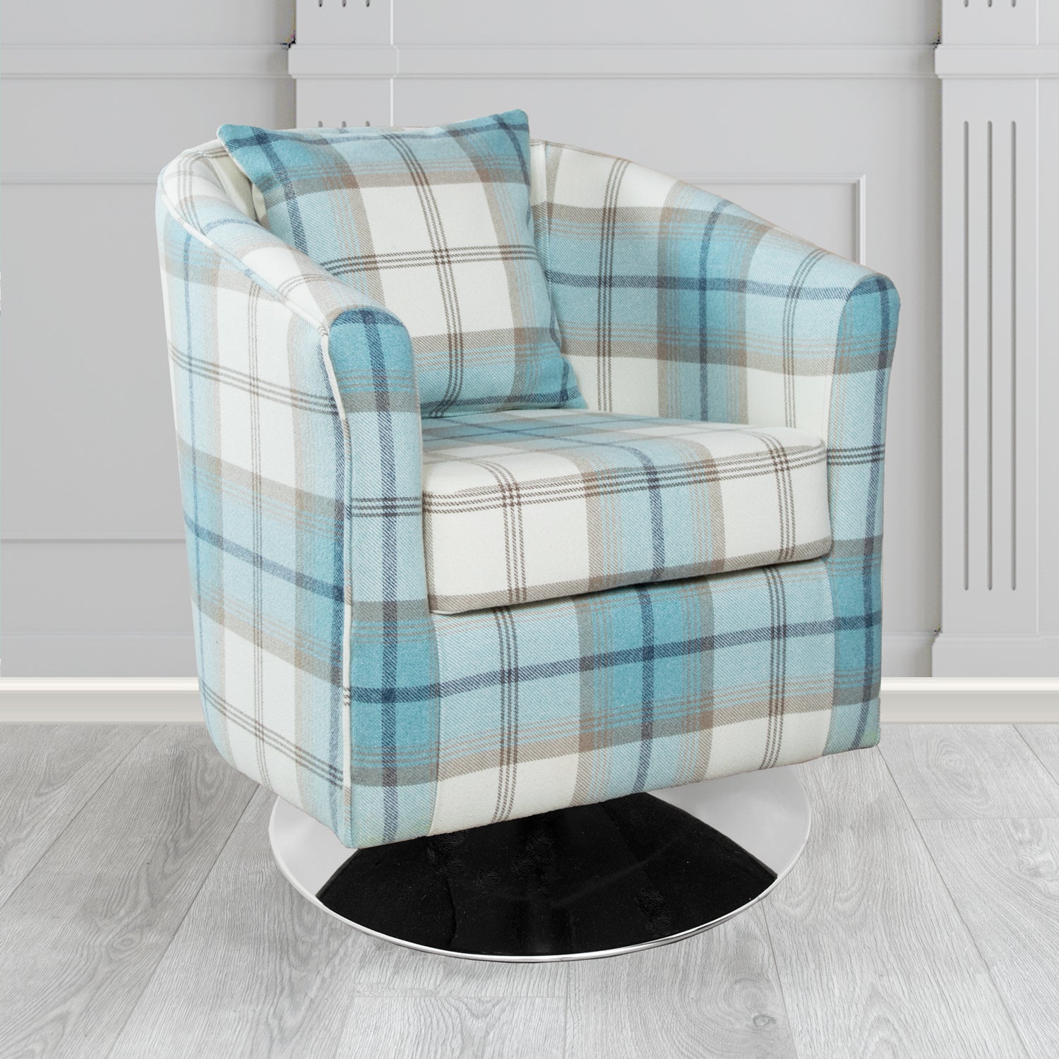 St Tropez Balmoral Sky Check Tartan Fabric Swivel Tub Chair with Scatter Cushion (6627071852586)