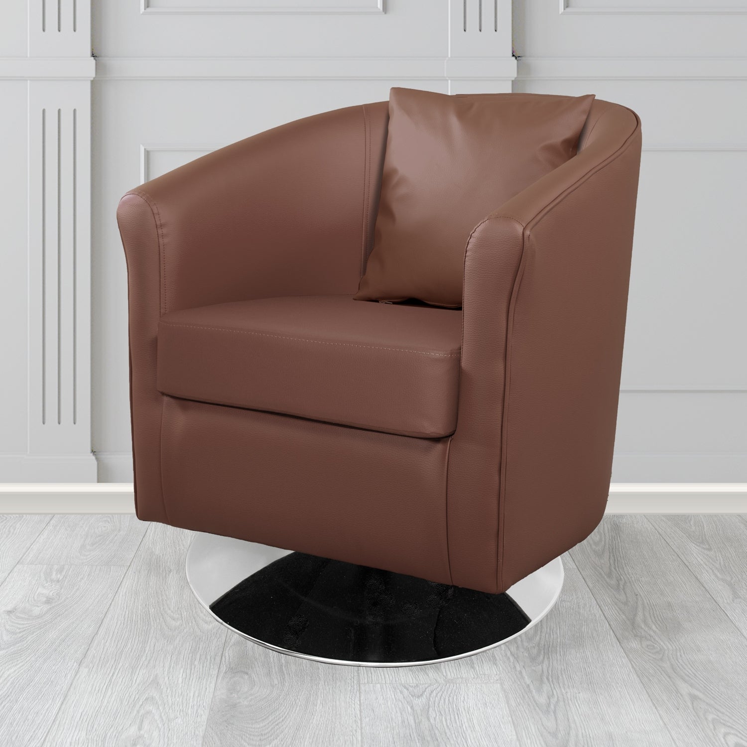 St Tropez Chestnut Brown DCB Faux Leather Swivel Tub Chair with Scatte