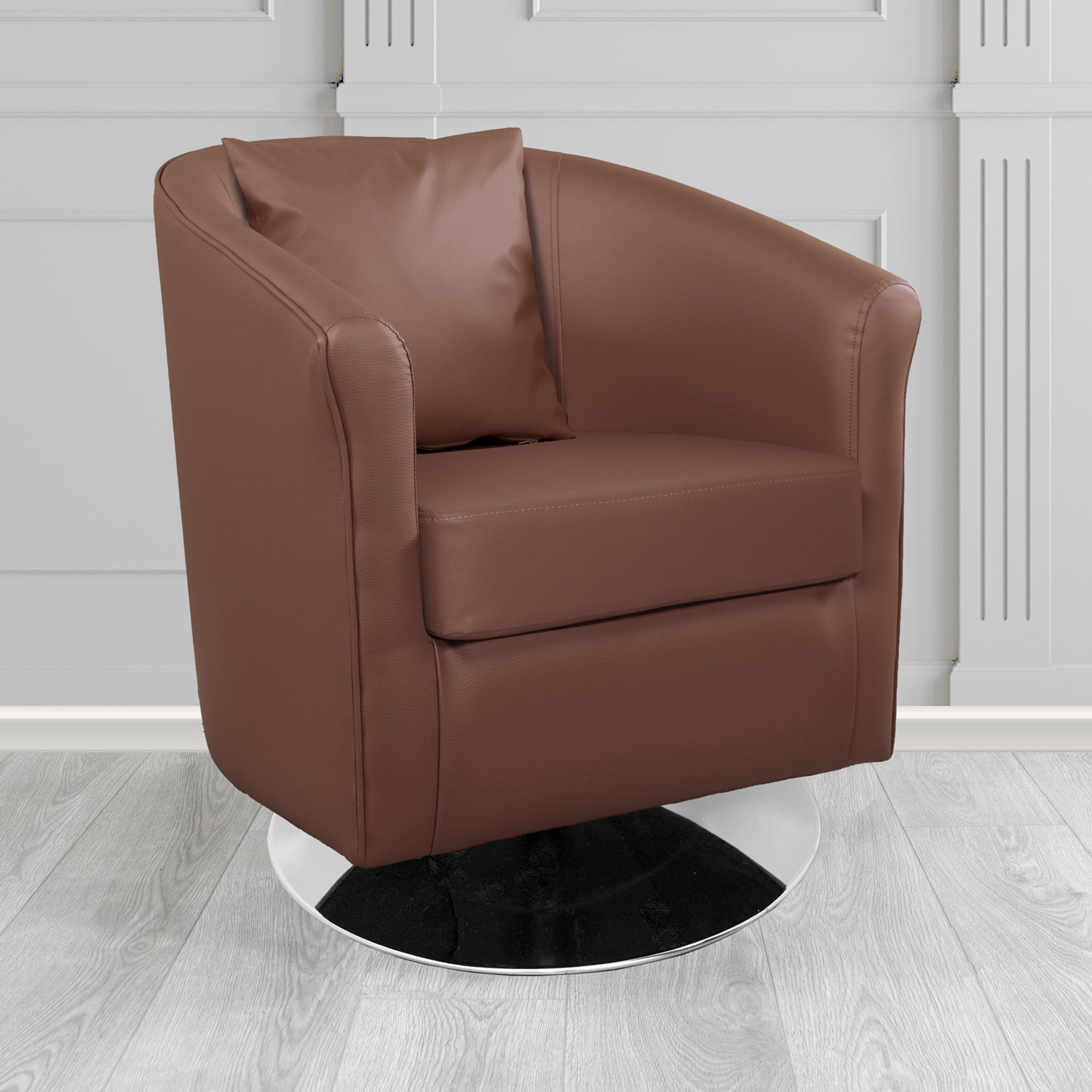 St Tropez Chestnut Brown DCB Faux Leather Swivel Tub Chair with Scatte