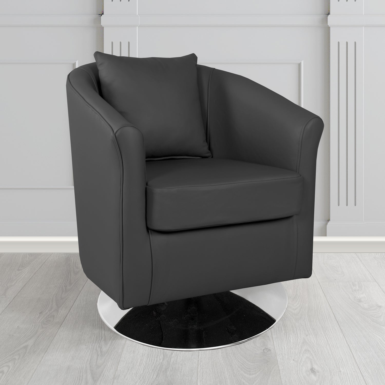 St Tropez Swivel Tub Chair in Contempo Black Crib 5 Genuine Leather with Scatter Cushion