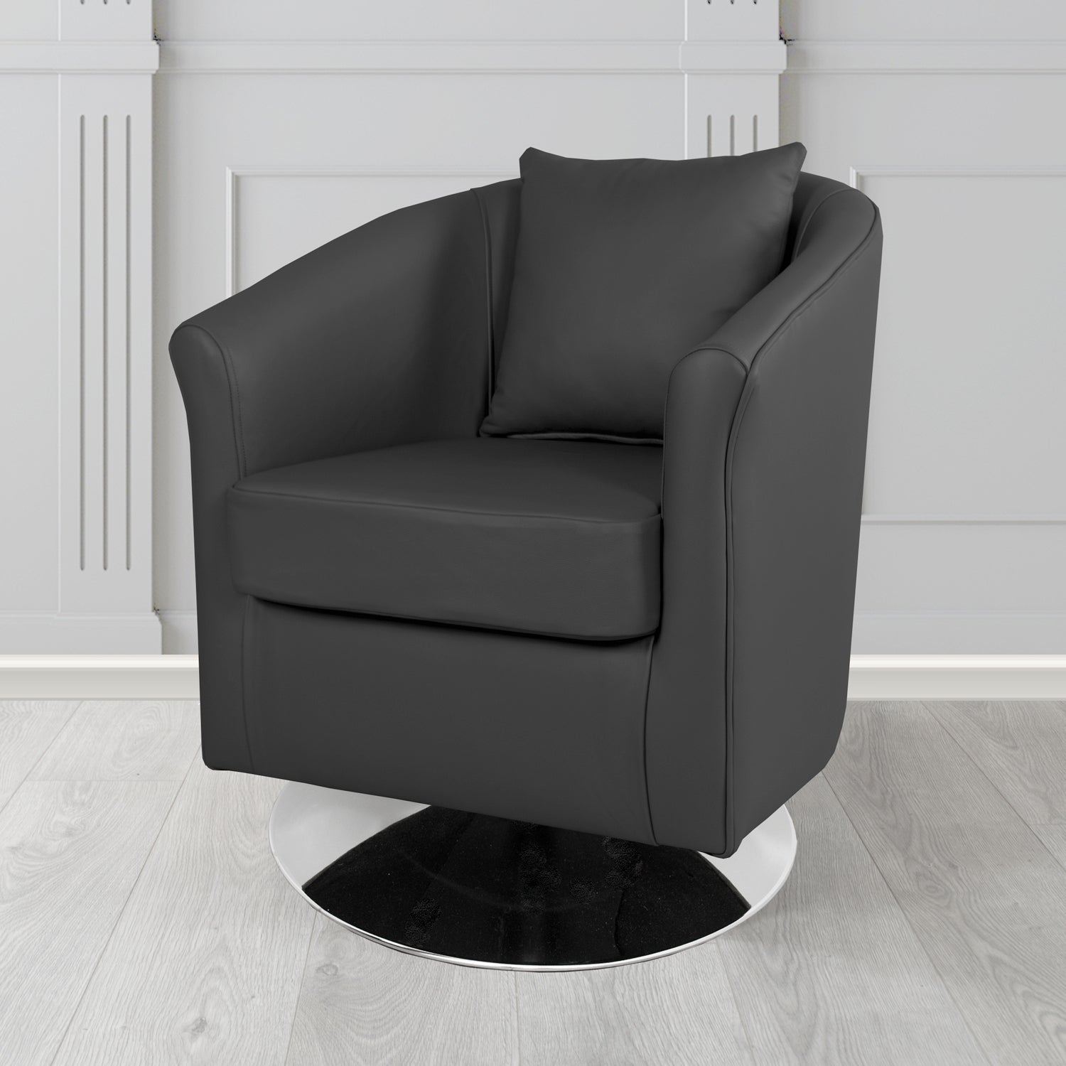 St Tropez Swivel Tub Chair in Contempo Black Crib 5 Genuine Leather with Scatter Cushion