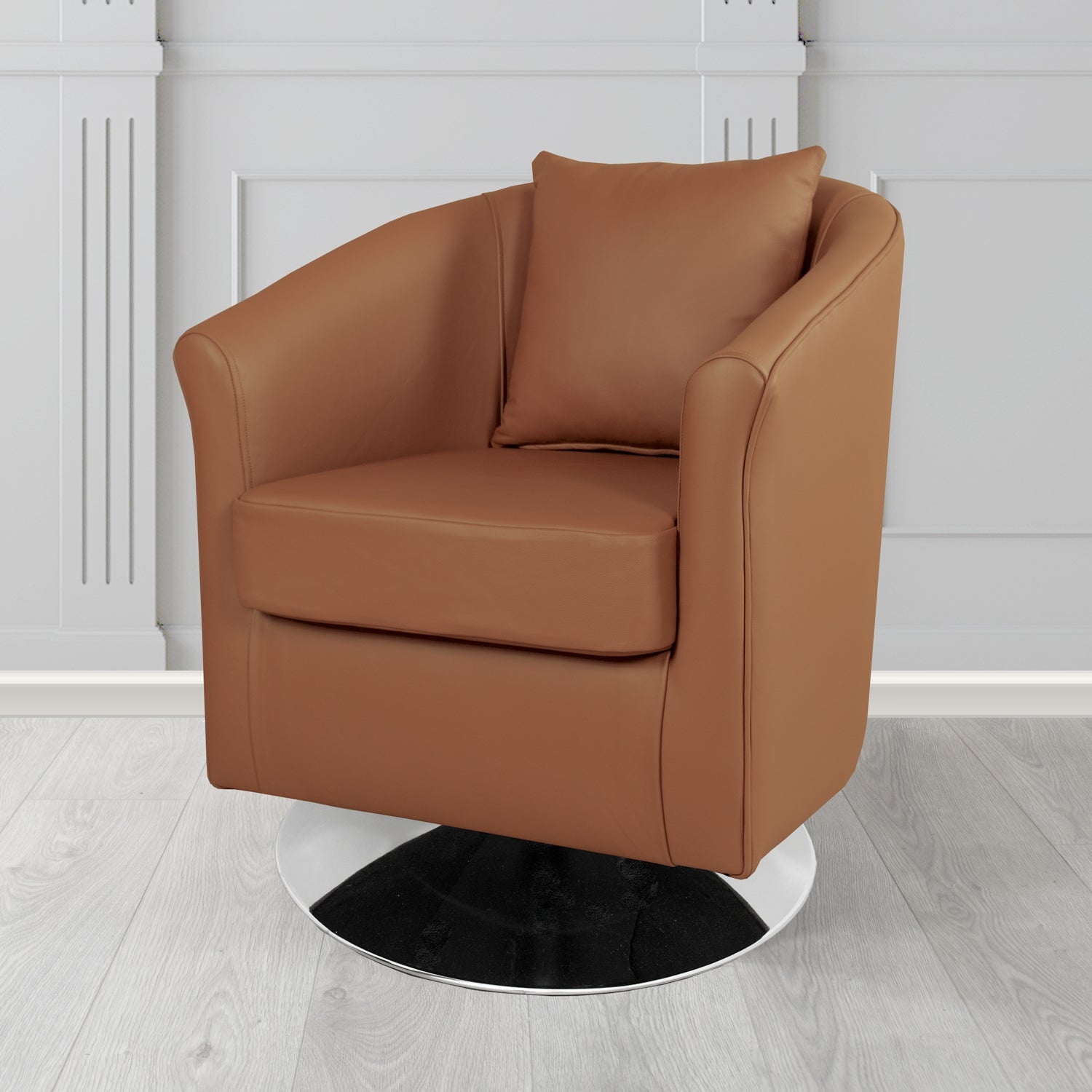 St Tropez Swivel Tub Chair in Contempo Castagna Crib 5 Genuine Leather with Scatter Cushion