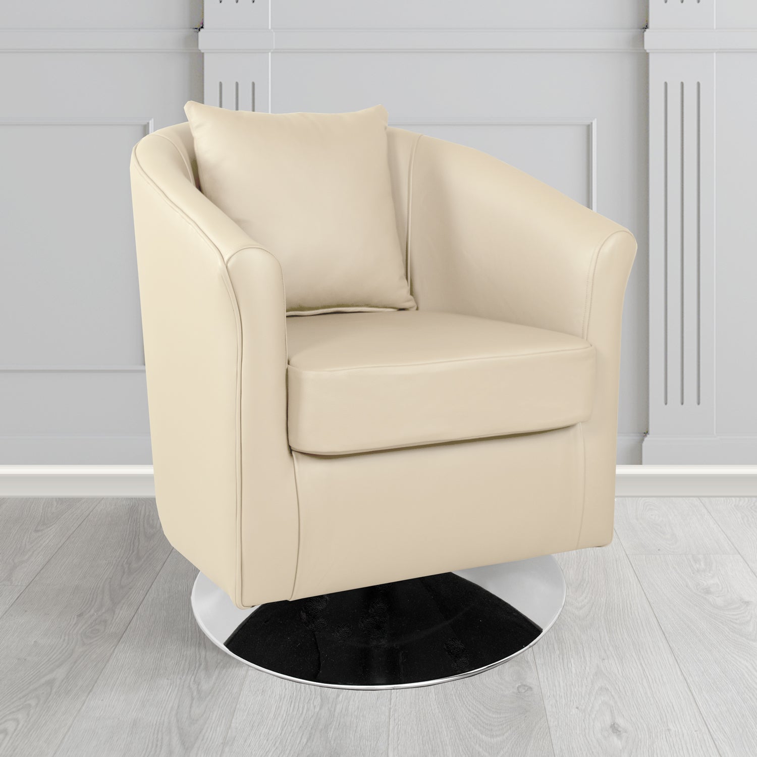St Tropez Swivel Tub Chair in Contempo Ivory Crib 5 Genuine Leather with Scatter Cushion