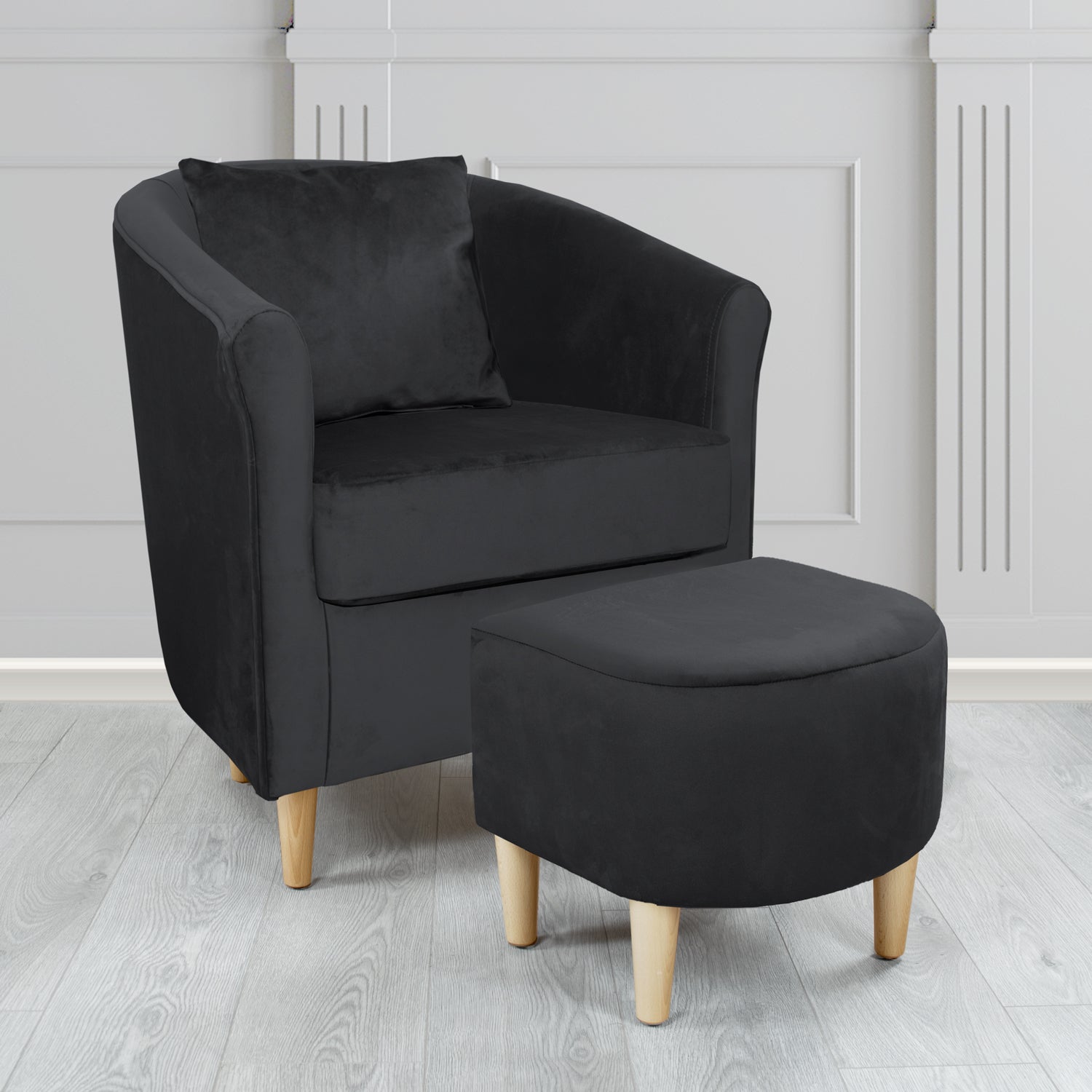 St Tropez Monaco Black Plush Velvet Fabric Tub Chair & Footstool Set with Scatter Cushion (6606219051050)