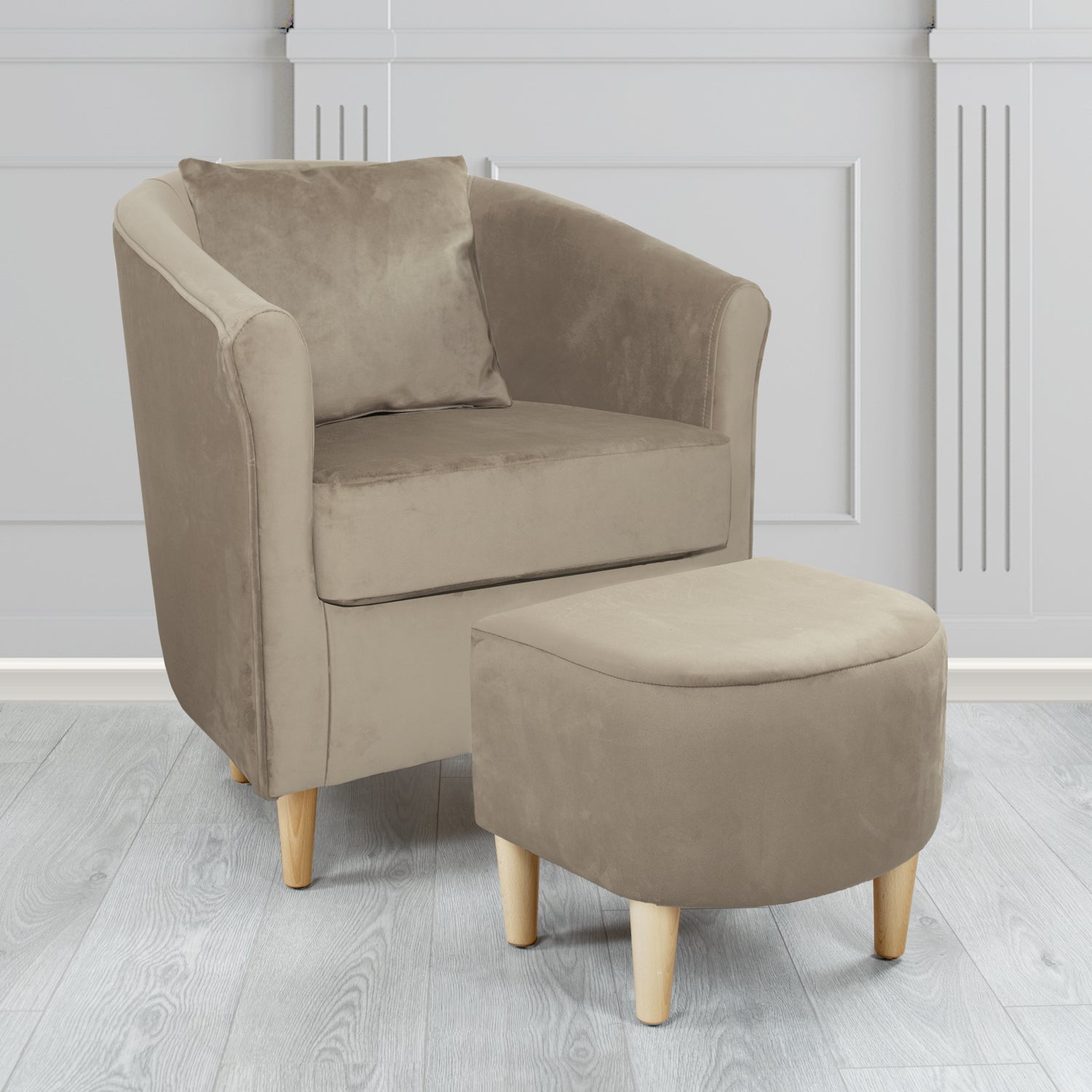 St Tropez Monaco Cedar Plush Velvet Fabric Tub Chair & Footstool Set with Scatter Cushion (6606235402282)