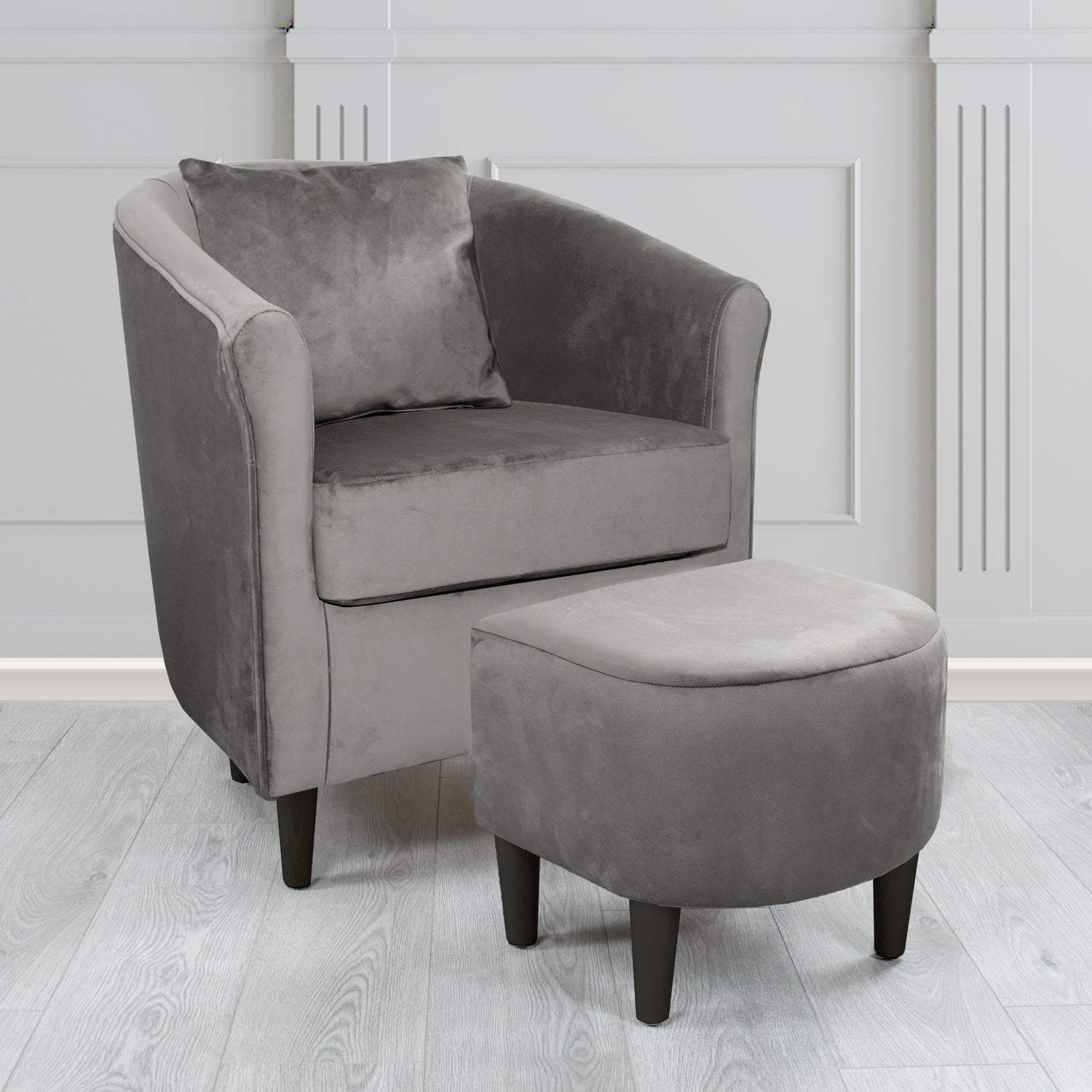 St Tropez Monaco Charcoal Plush Velvet Fabric Tub Chair & Footstool Set with Scatter Cushion (6606235762730)
