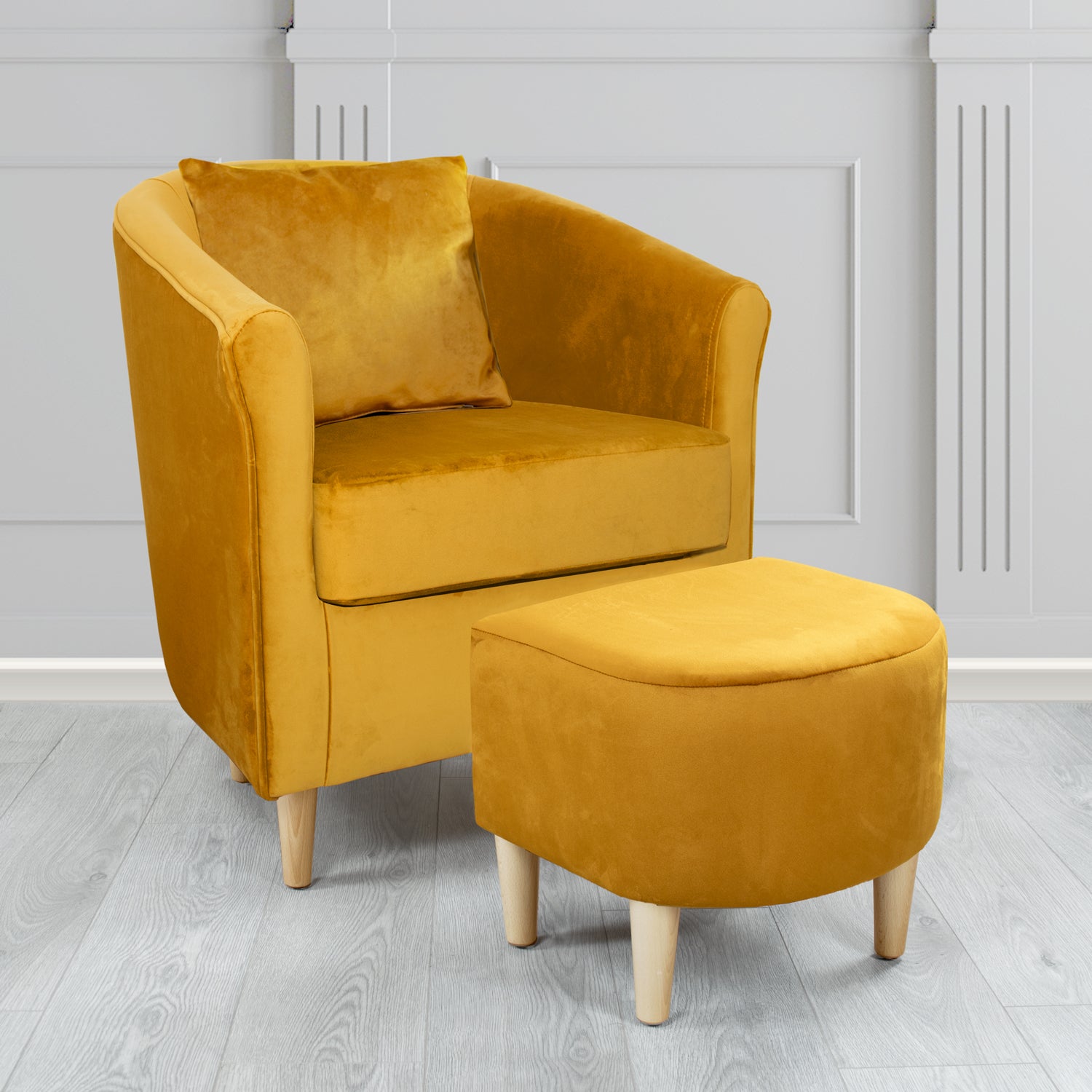 St Tropez Monaco Gold Plush Velvet Fabric Tub Chair & Footstool Set with Scatter Cushion (6606236549162)