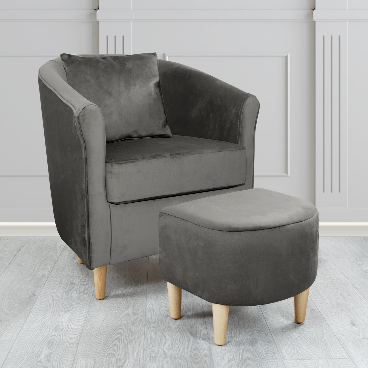 St Tropez Monaco Grey Plush Velvet Fabric Tub Chair & Footstool Set with Scatter Cushion (6606237237290)