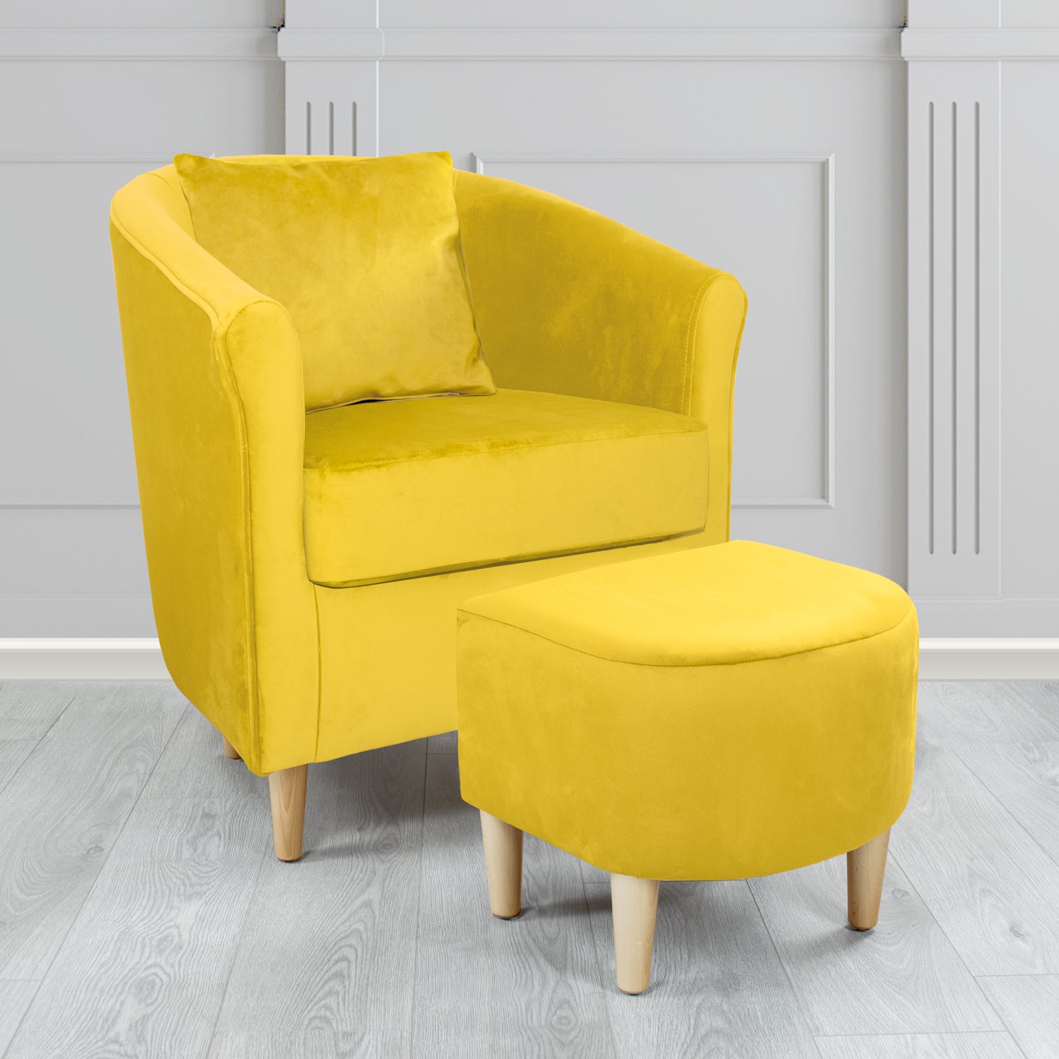 St Tropez Monaco Lemon Plush Velvet Fabric Tub Chair & Footstool Set with Scatter Cushion (6606246314026)