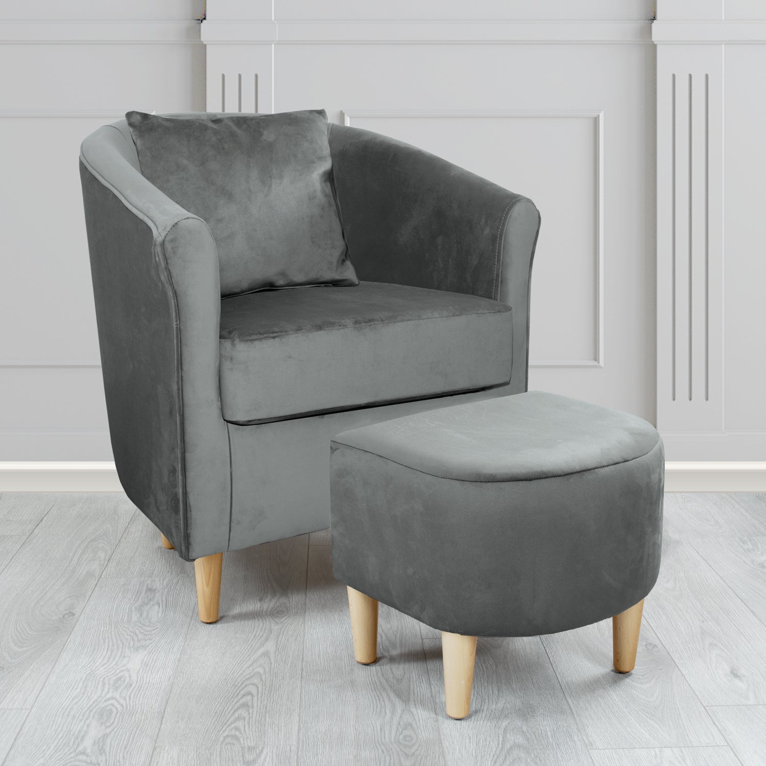 St Tropez Monaco Platinum Plush Velvet Fabric Tub Chair & Footstool Set with Scatter Cushion (6606249721898)