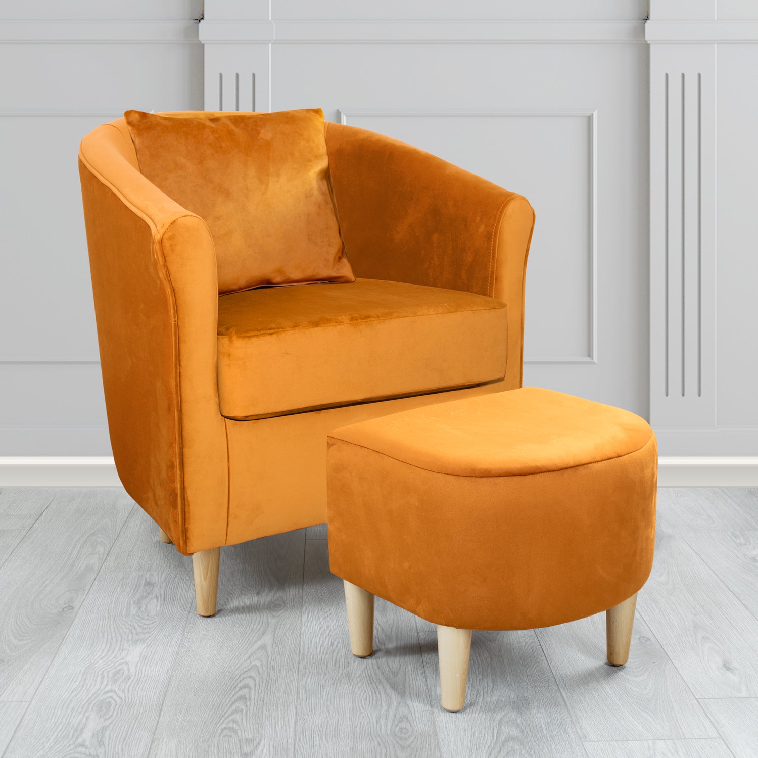St Tropez Monaco Saffron Plush Velvet Fabric Tub Chair & Footstool Set with Scatter Cushion (6606263353386)