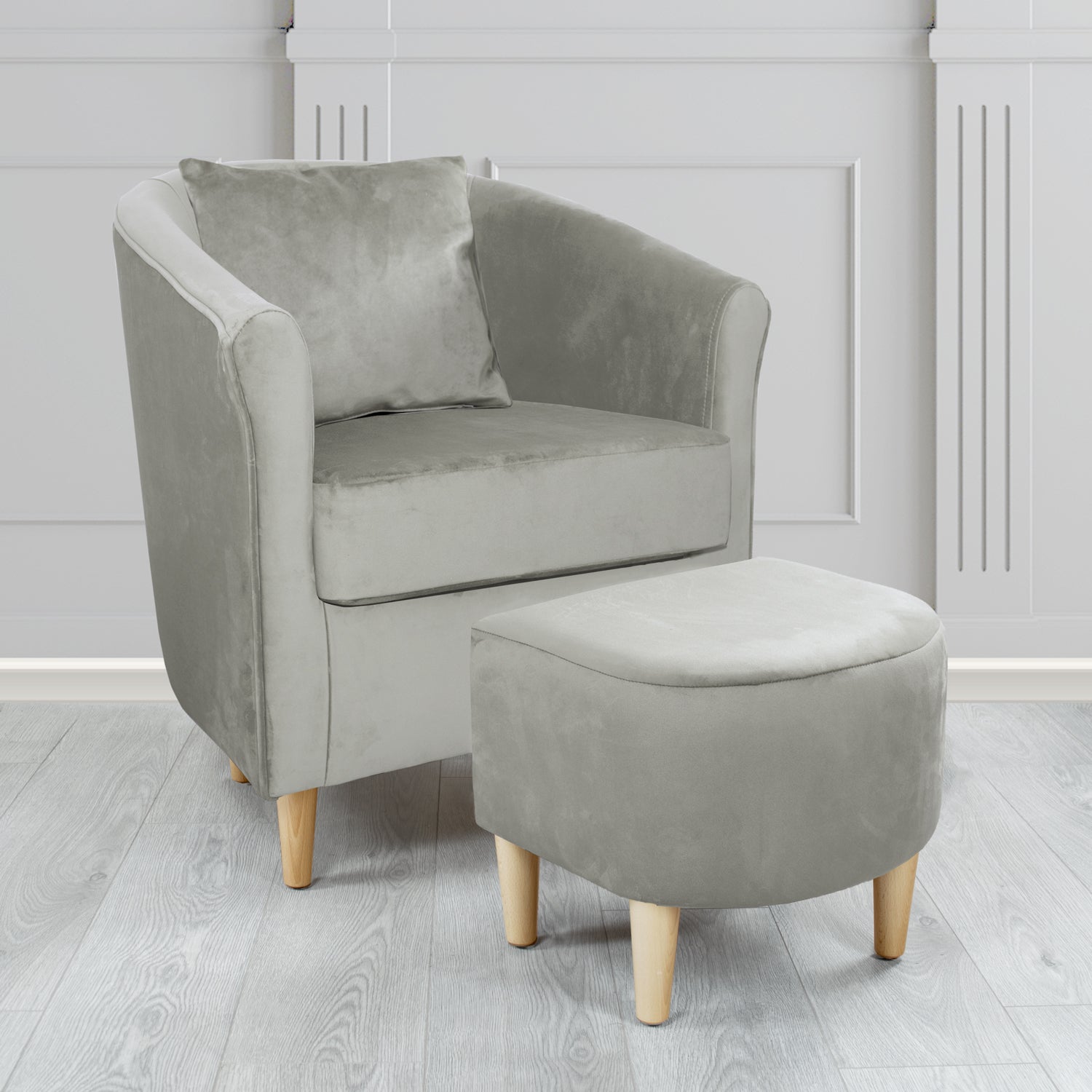 St Tropez Monaco Silver Plush Velvet Fabric Tub Chair & Footstool Set with Scatter Cushion (6606263943210)