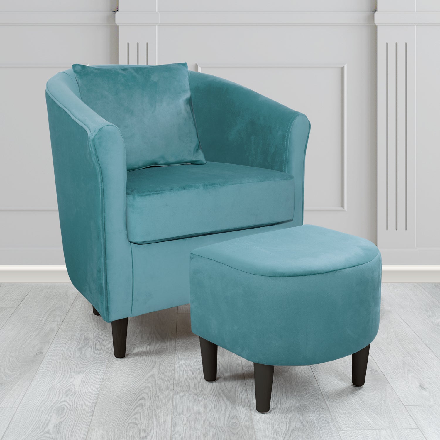 St Tropez Monaco Sky Plush Velvet Fabric Tub Chair & Footstool Set with Scatter Cushion (6606264172586)