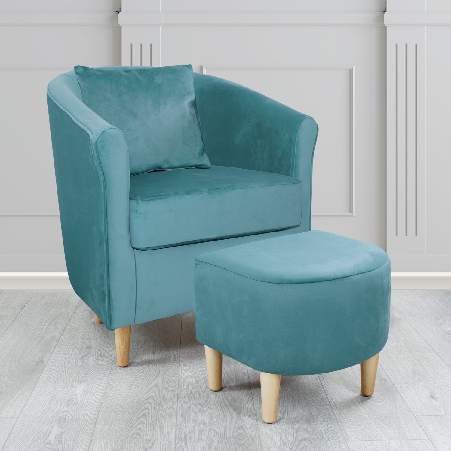 St Tropez Monaco Sky Plush Velvet Fabric Tub Chair & Footstool Set with Scatter Cushion (6606264172586)