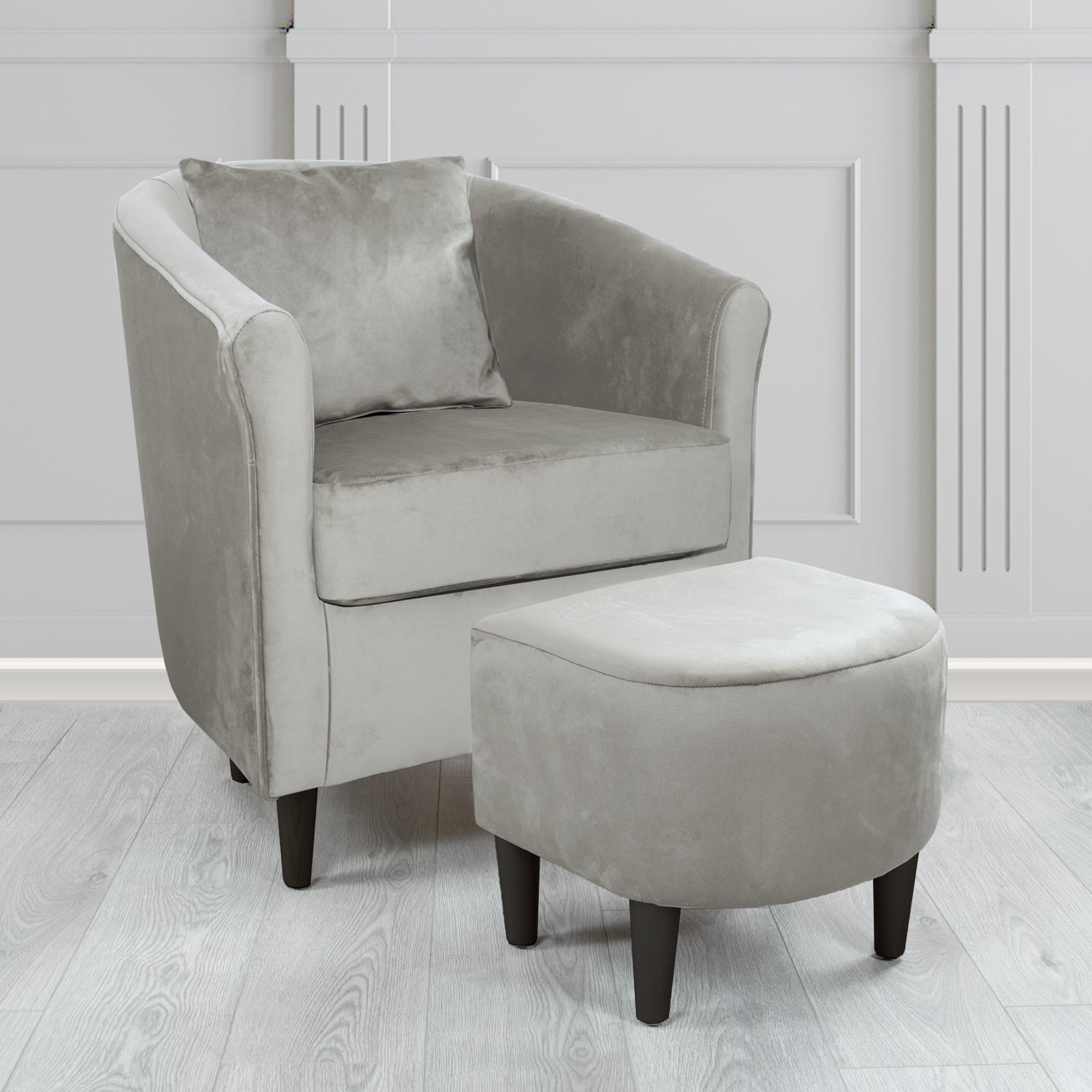 St Tropez Monaco Steel Plush Velvet Fabric Tub Chair & Footstool Set with Scatter Cushion (6606271938602)