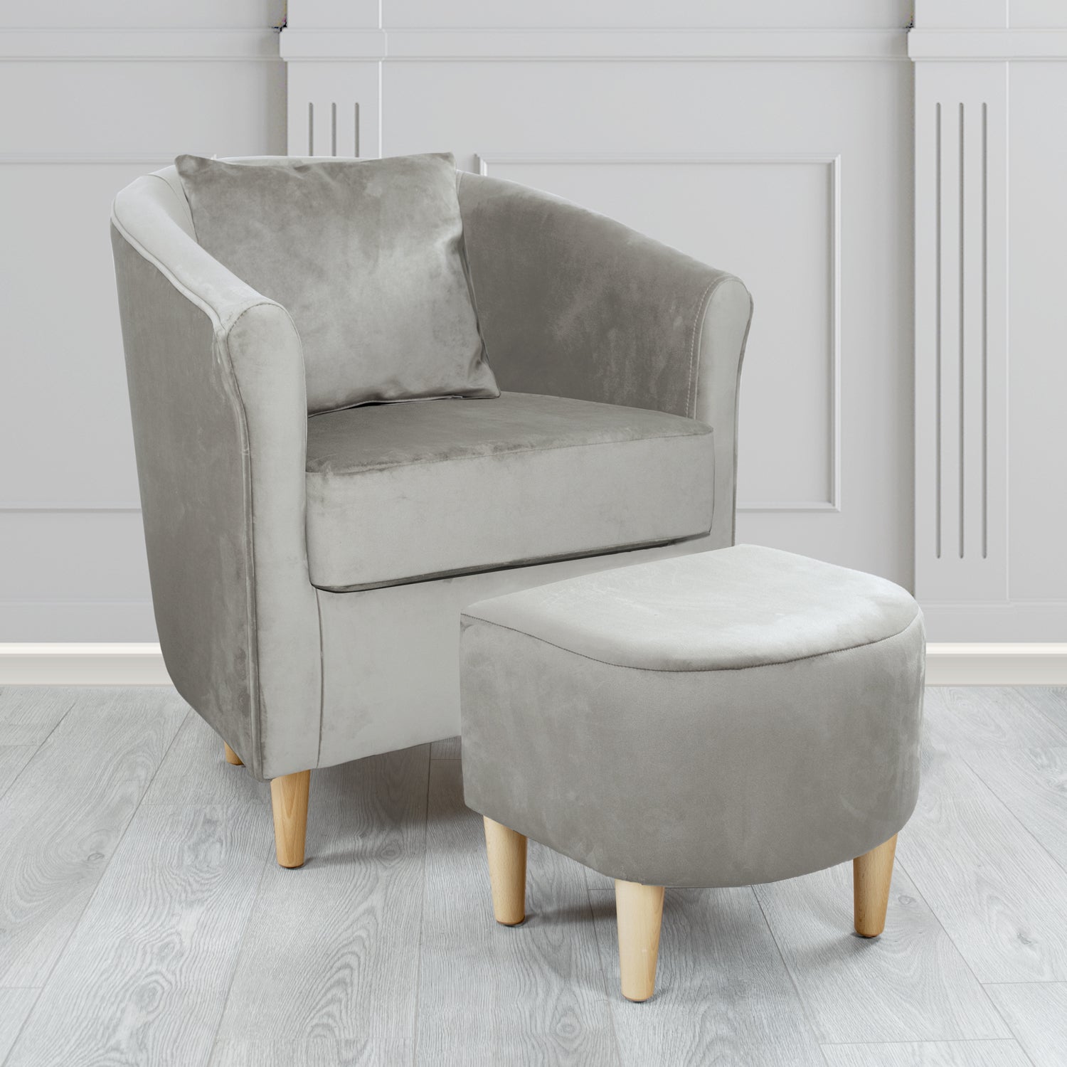 St Tropez Monaco Steel Plush Velvet Fabric Tub Chair & Footstool Set with Scatter Cushion (6606271938602)