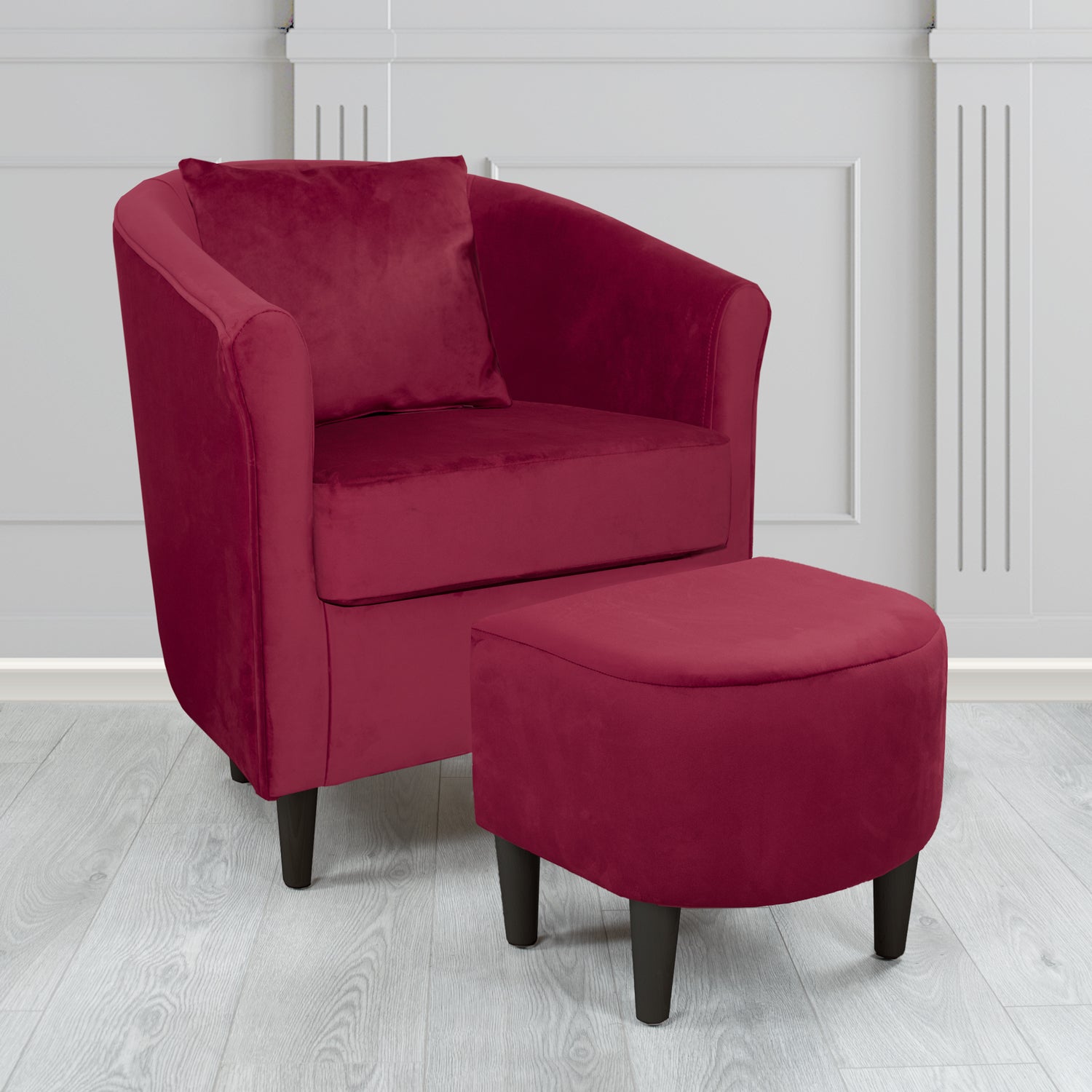 St Tropez Monaco Wine Plush Velvet Fabric Tub Chair & Footstool Set with Scatter Cushion (6606272757802)