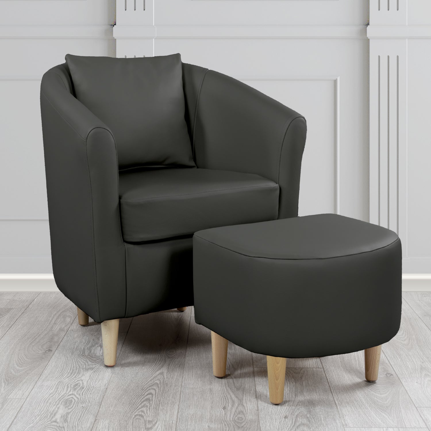St Tropez Shelly Black Crib 5 Genuine Leather Tub Chair & Footstool Set With Scatter Cushion (6619465941034)