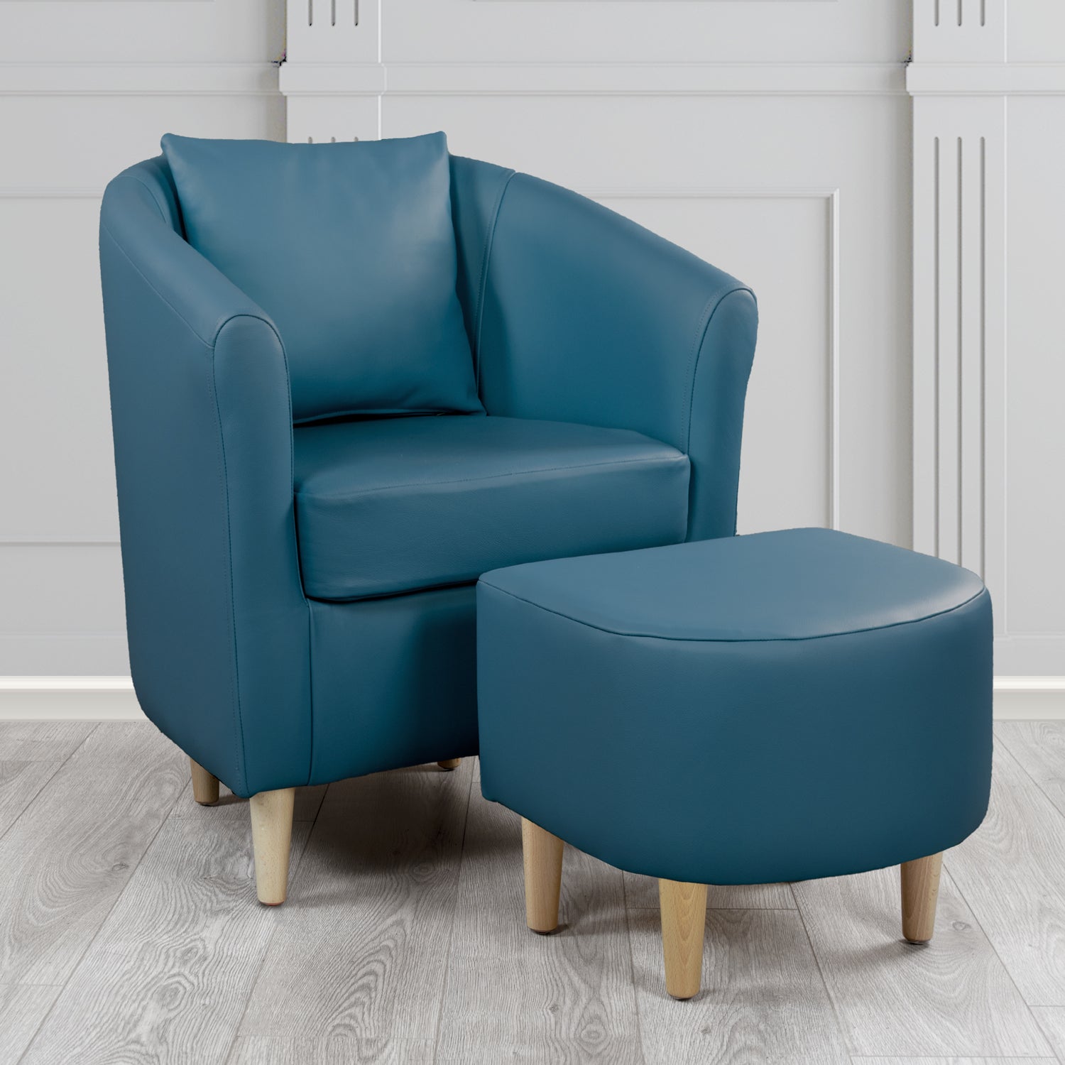 St Tropez Shelly Majollica Blue Crib 5 Genuine Leather Tub Chair & Footstool Set With Scatter Cushion (6619505786922)