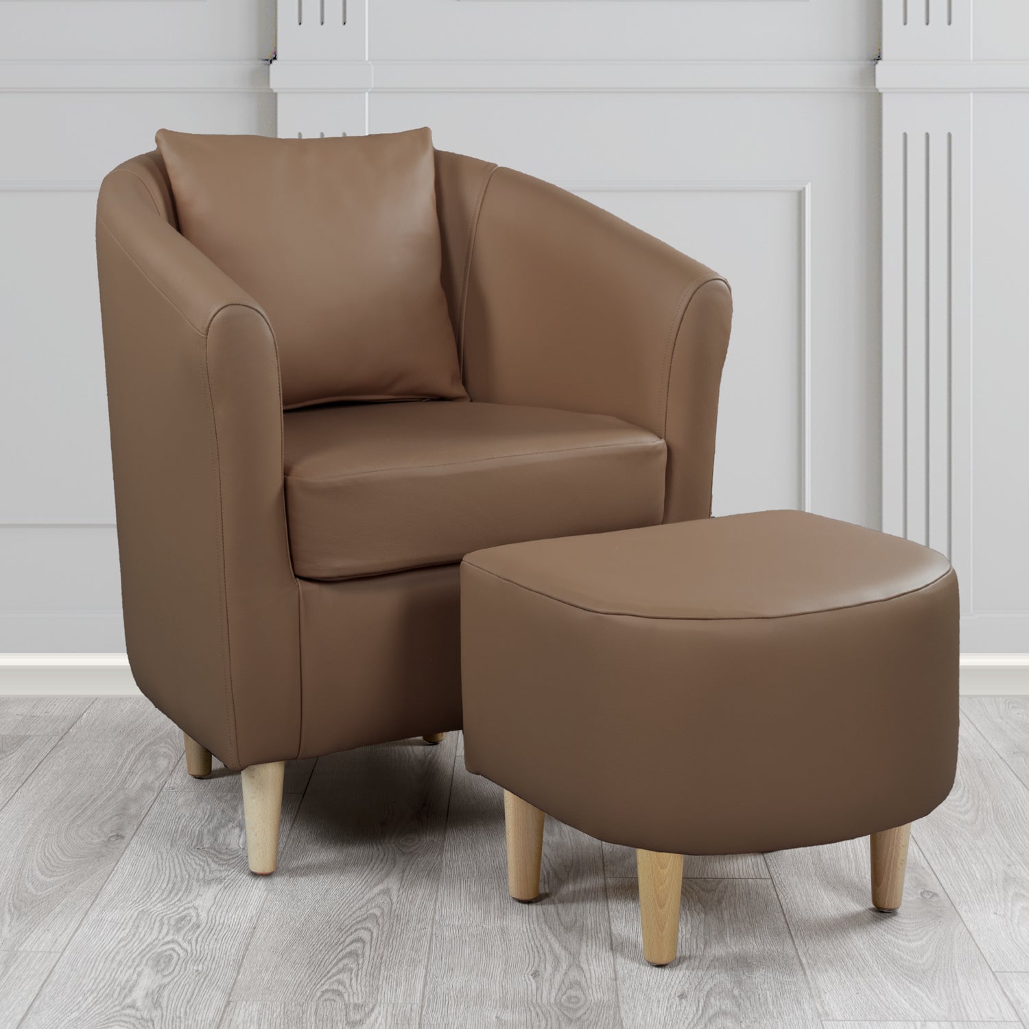 St Tropez Shelly Mocha Crib 5 Genuine Leather Tub Chair & Footstool Set With Scatter Cushion (6619506016298)