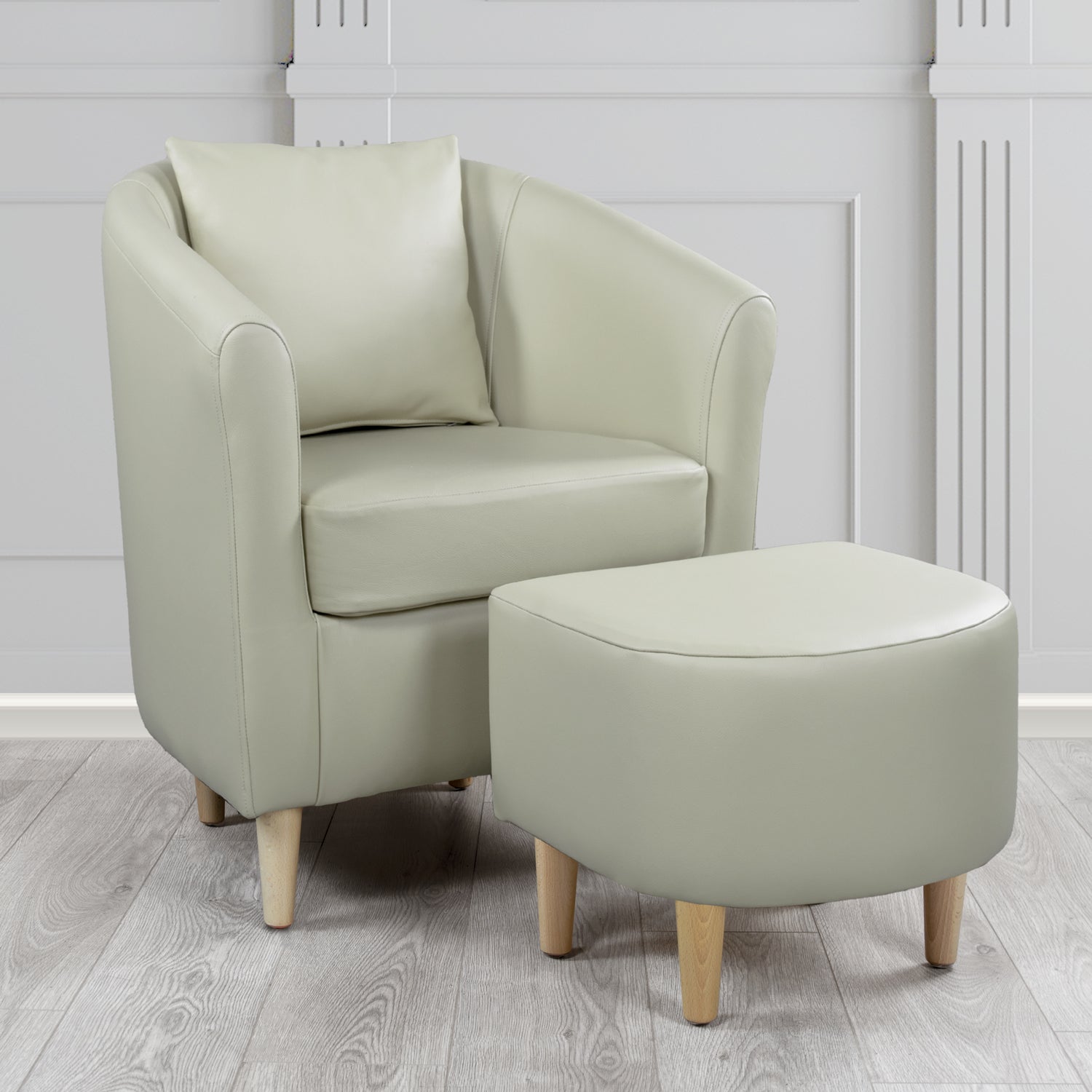 St Tropez Shelly Silver Grey Crib 5 Genuine Leather Tub Chair & Footstool Set With Scatter Cushion (6619535409194)