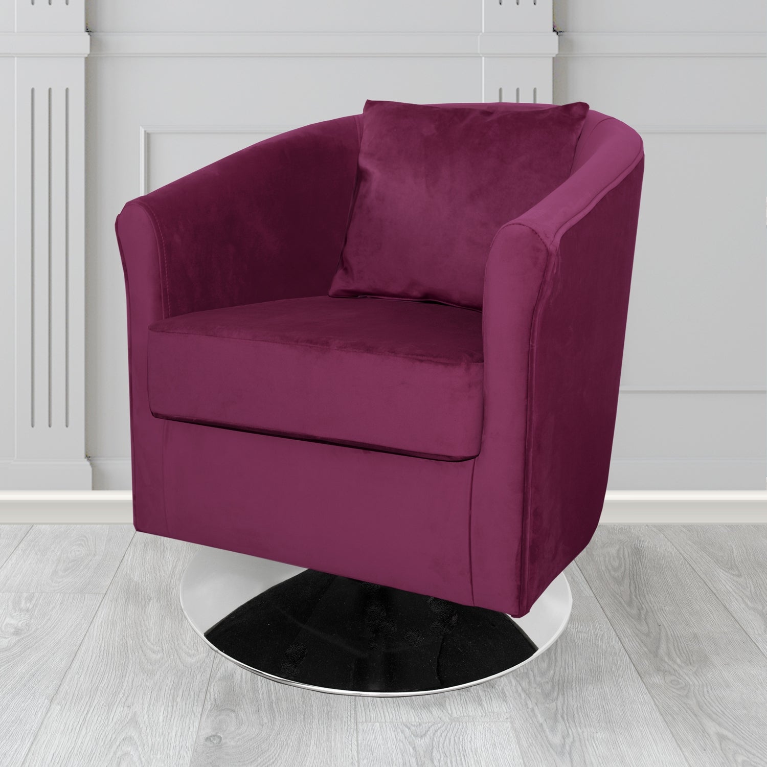 St Tropez Monaco Amethyst Plush Velvet Fabric Swivel Tub Chair with Scatter Cushion (6604903415850)