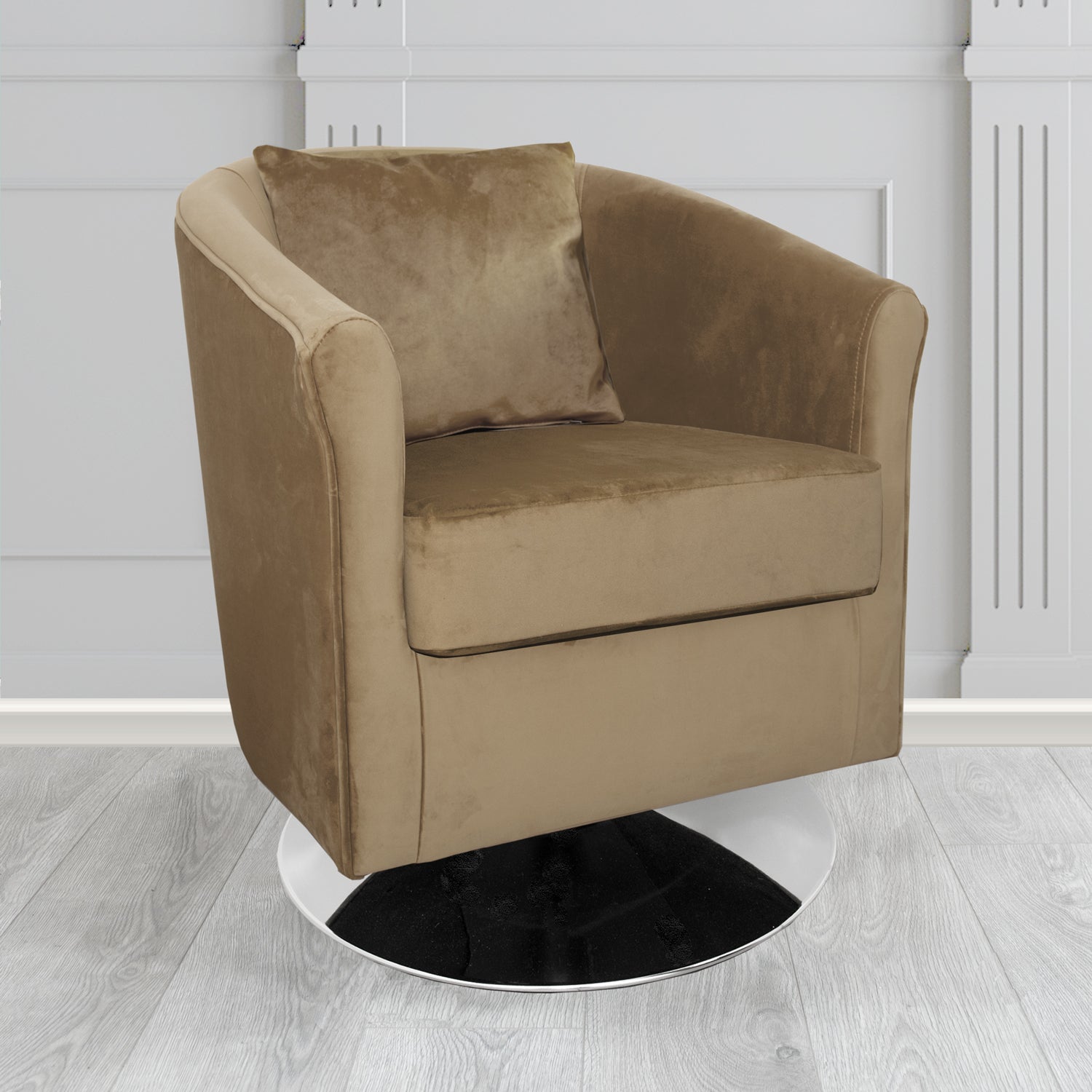 St Tropez Monaco Biscuit Plush Velvet Fabric Swivel Tub Chair with Scatter Cushion (6604933496874)
