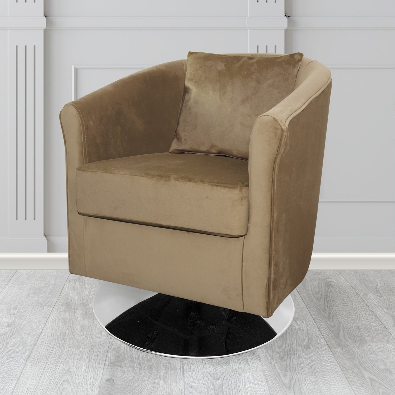 St Tropez Monaco Biscuit Plush Velvet Fabric Swivel Tub Chair with Scatter Cushion (6604933496874)