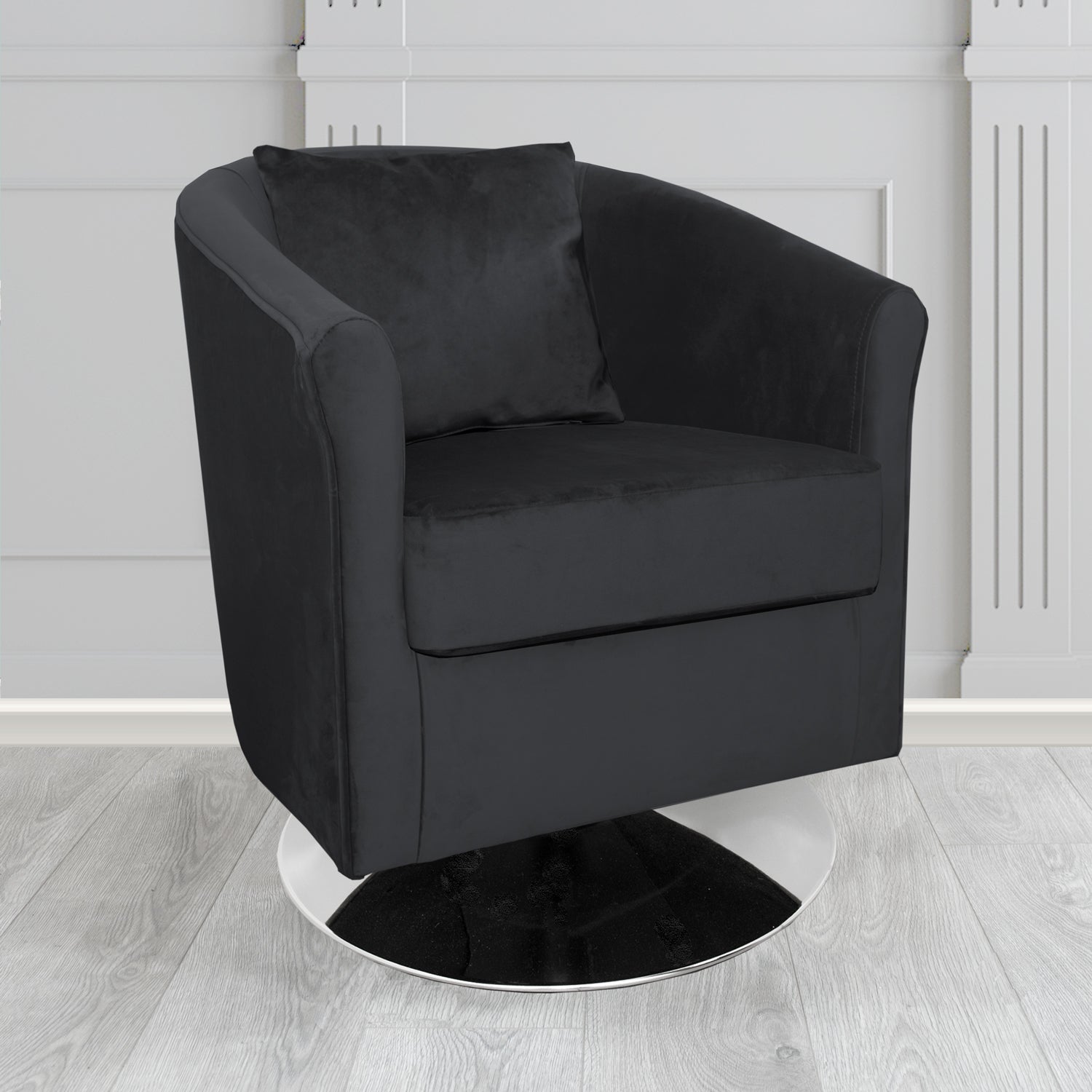 St Tropez Monaco Black Plush Velvet Fabric Swivel Tub Chair with Scatter Cushion (6604935135274)
