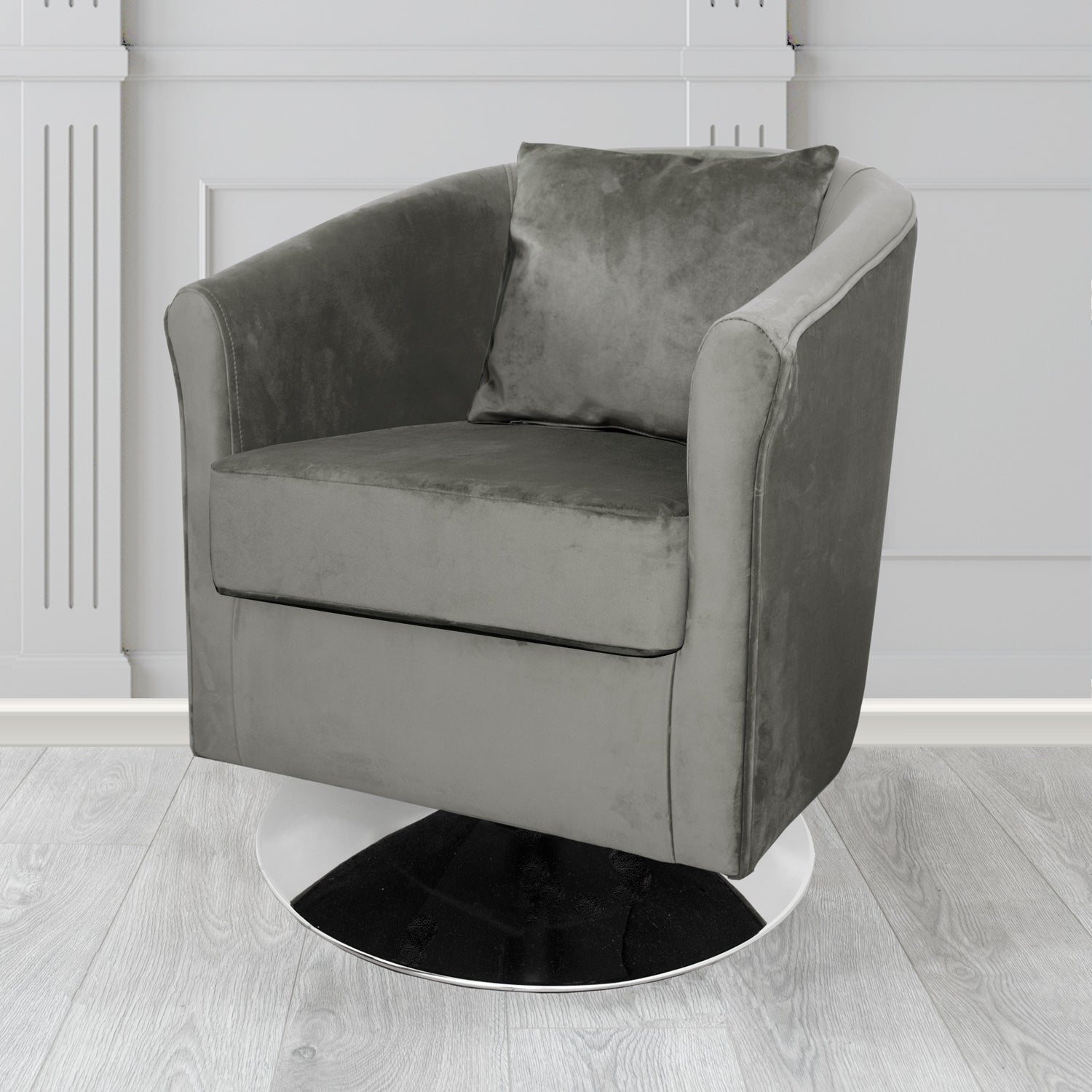 St Tropez Monaco Charcoal Plush Velvet Fabric Swivel Tub Chair with Scatter Cushion (6605039108138)