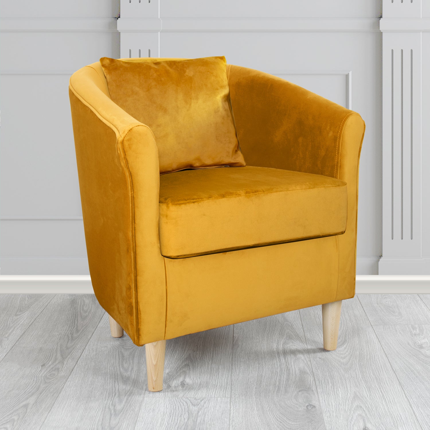 Express St Tropez Monaco Gold Plush Velvet Fabric Tub Chair with Scatter Cushion (6604837453866)