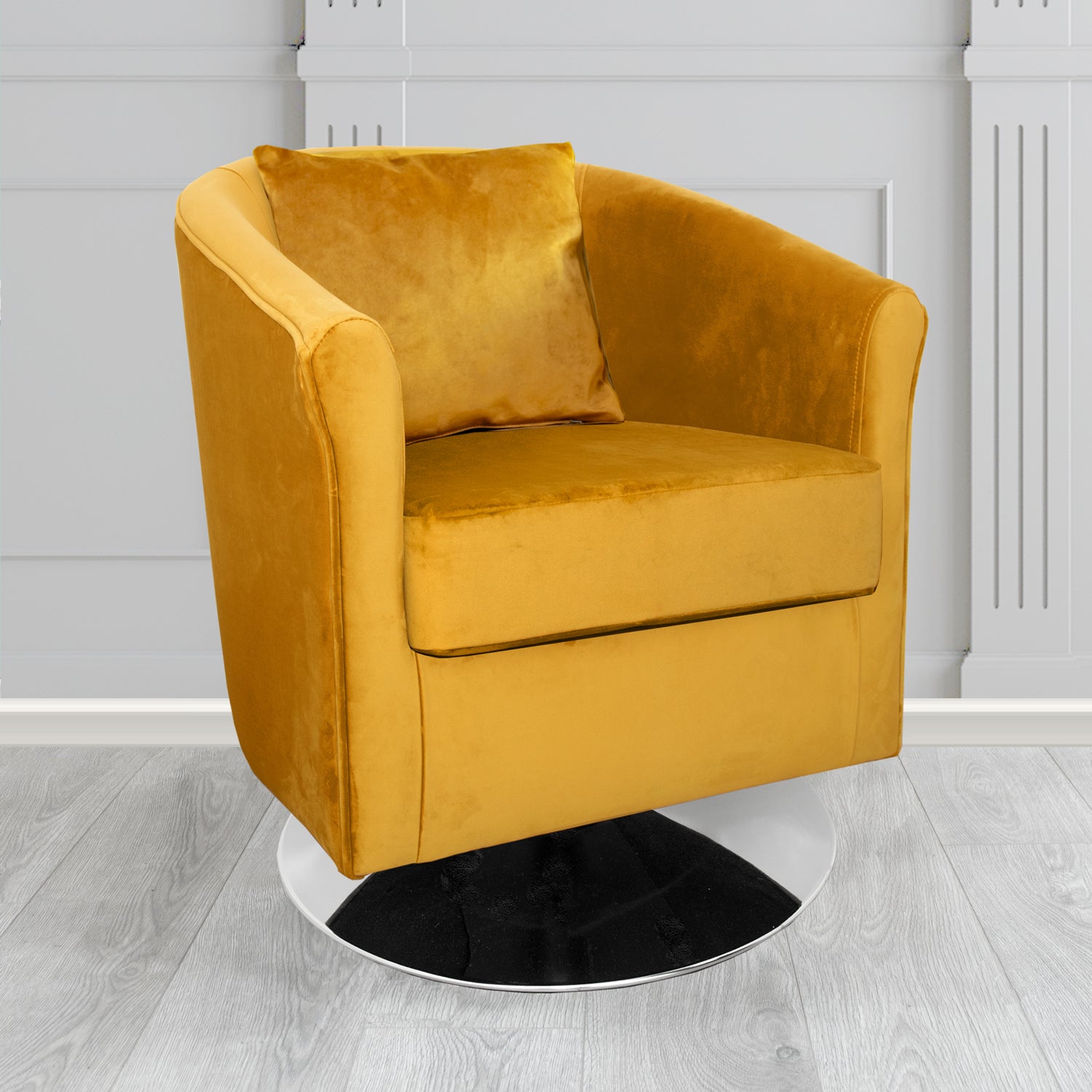 St Tropez Monaco Gold Plush Velvet Fabric Swivel Tub Chair with Scatter Cushion (6605040517162)