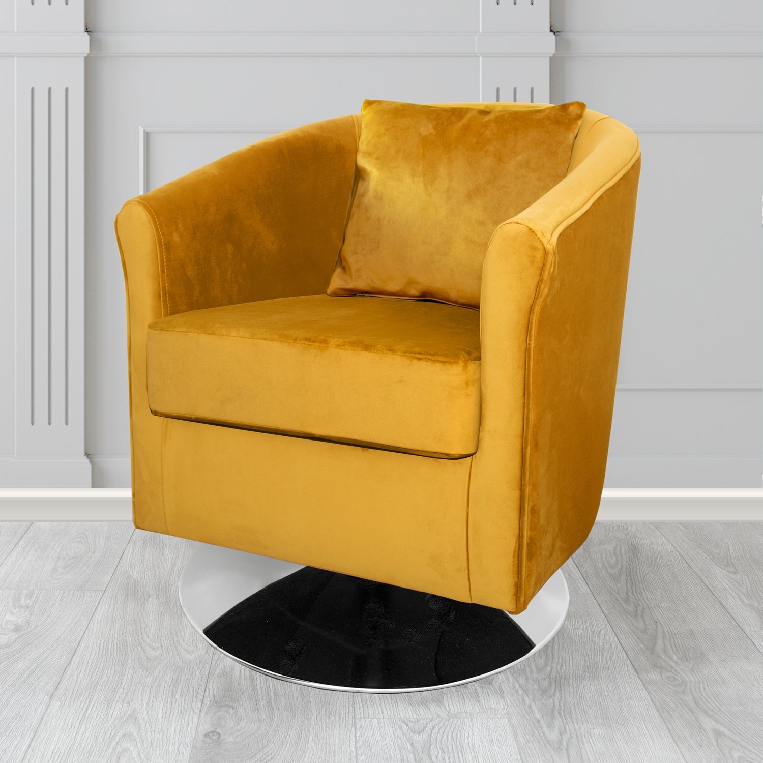 St Tropez Monaco Gold Plush Velvet Fabric Swivel Tub Chair with Scatter Cushion (6605040517162)