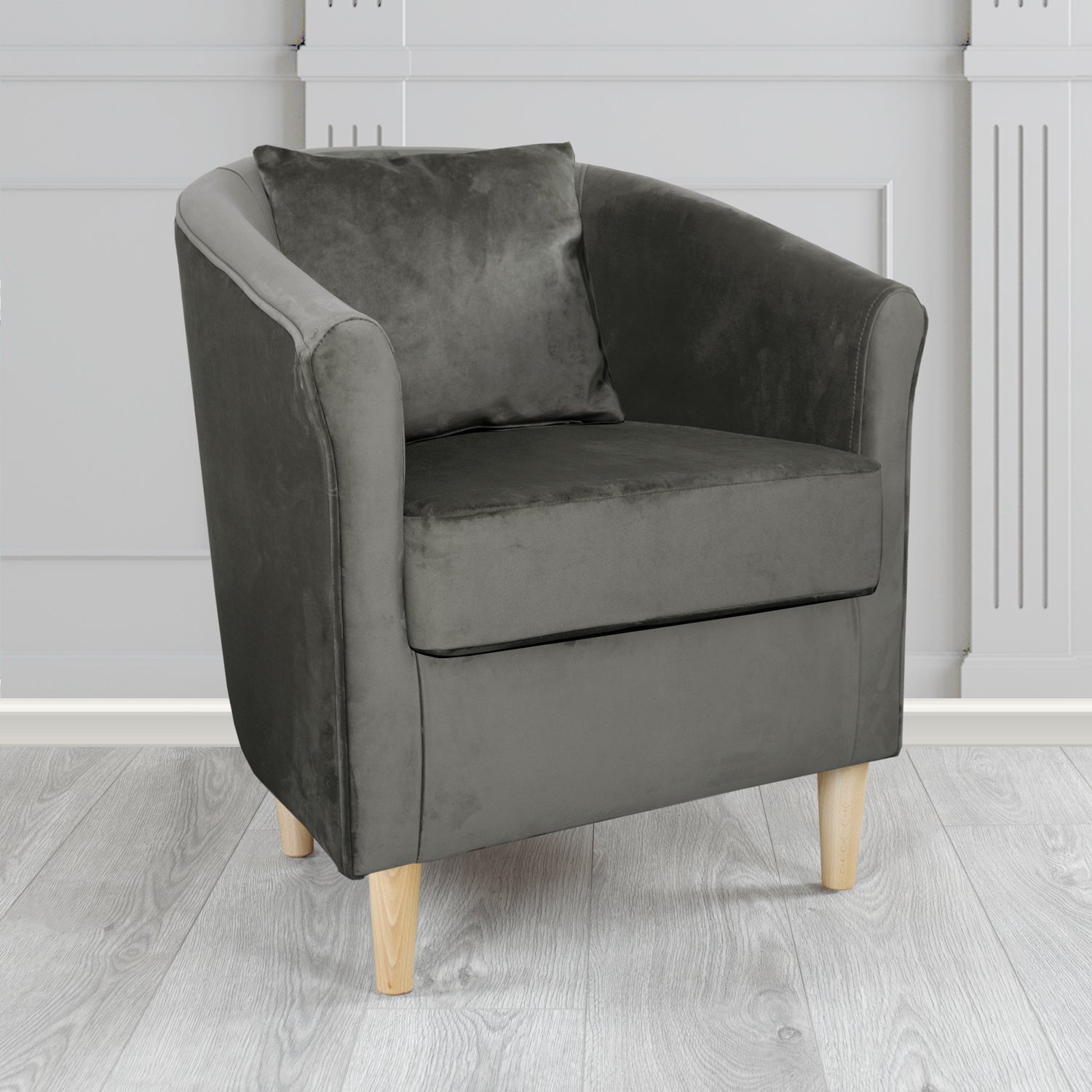 Express St Tropez Monaco Grey Plush Velvet Fabric Tub Chair with Scatter Cushion (6604845973546)