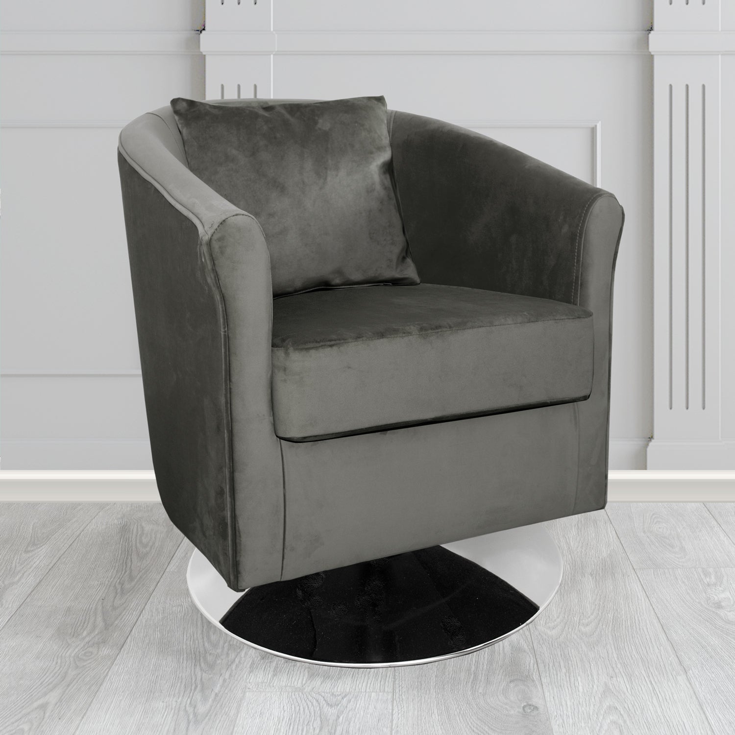 St Tropez Monaco Grey Plush Velvet Fabric Swivel Tub Chair with Scatter Cushion (6605050445866)