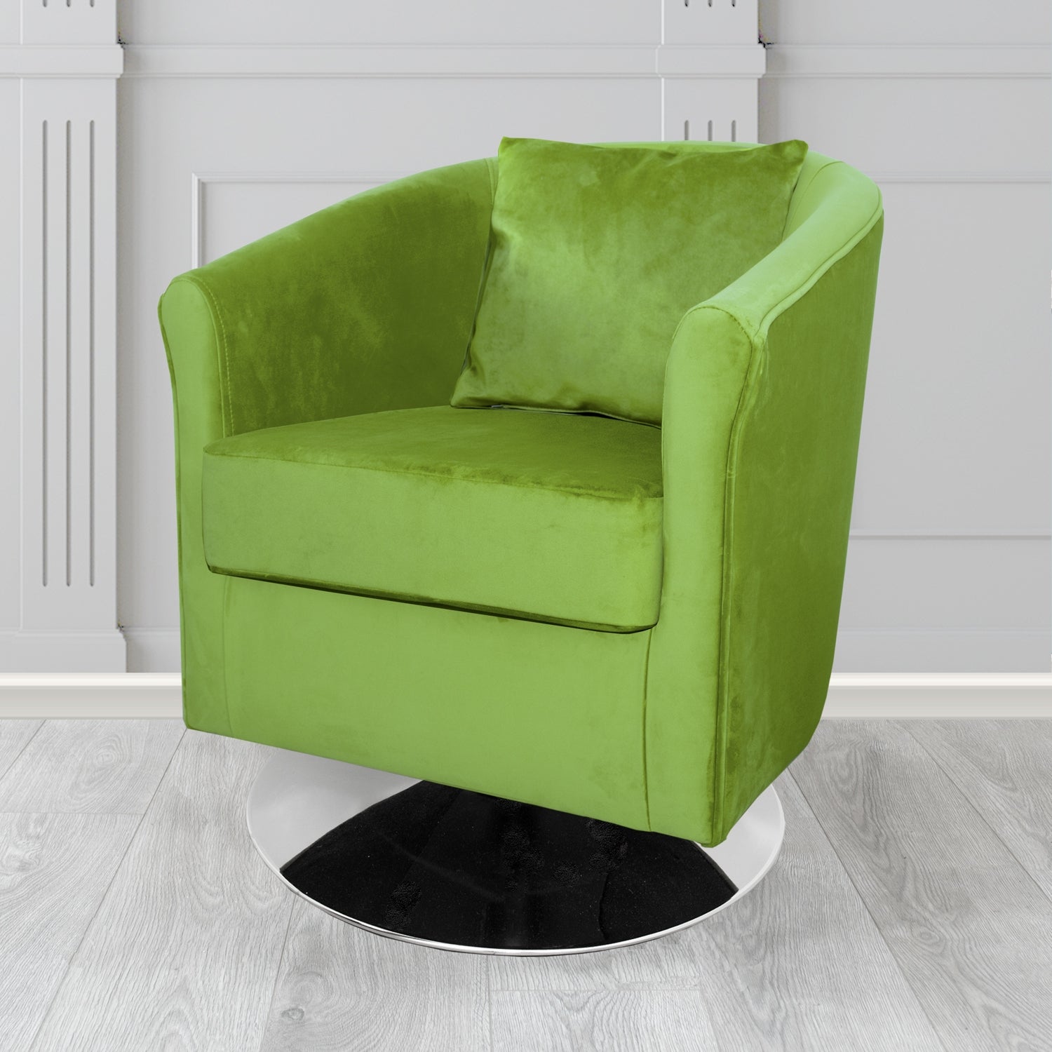St Tropez Monaco Olive Plush Velvet Fabric Swivel Tub Chair with Scatter Cushion (6605096026154)